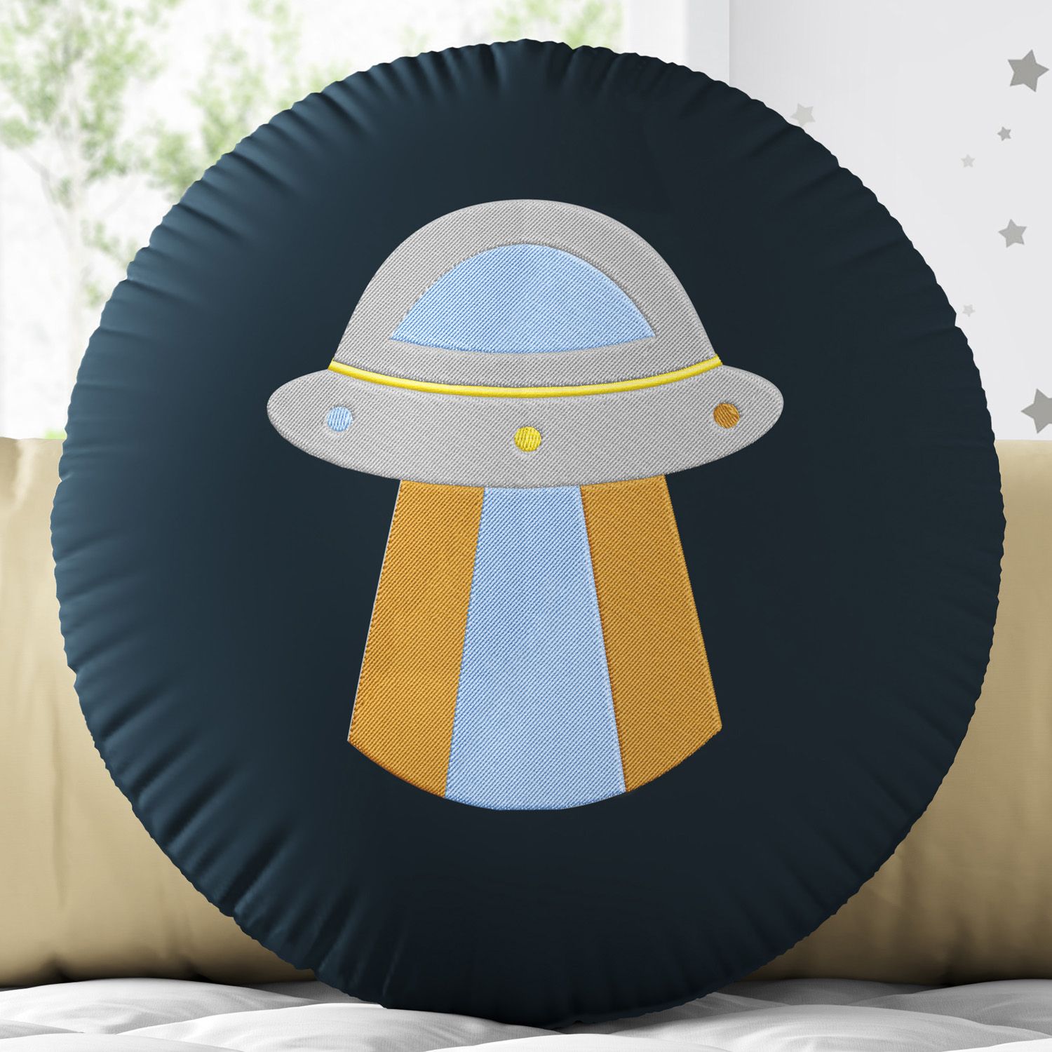 Almofada Redonda Disco Voador Azul Marinho 30cm