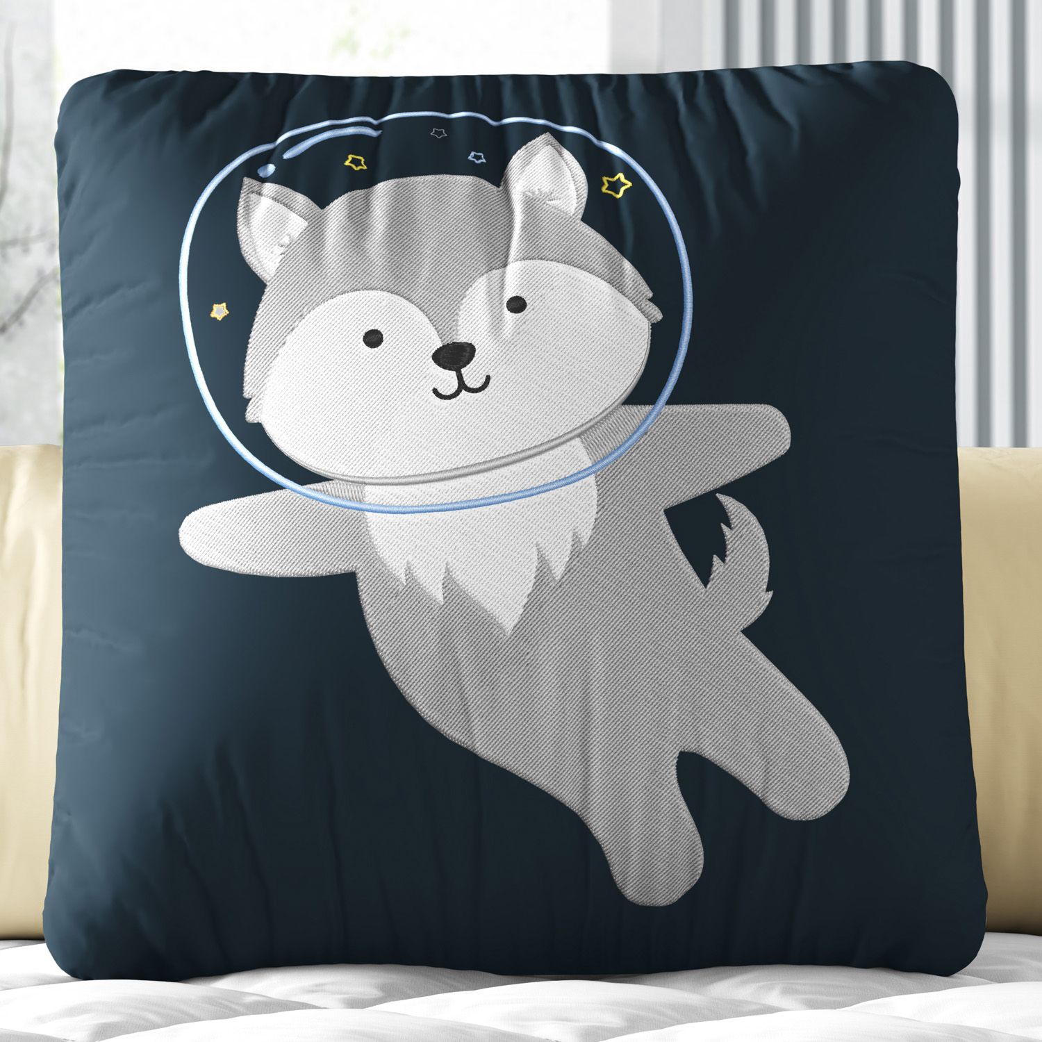 Almofada Quadrada Lobinho Astronauta Azul Marinho 30cm