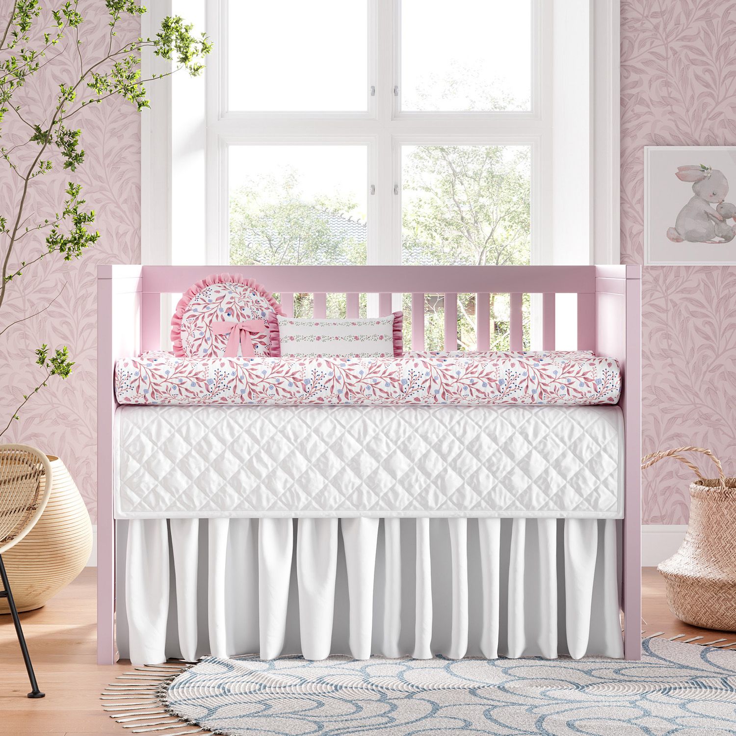 Kit Berço Rolinhos Folhas do Bosque Rosa 8 Peças