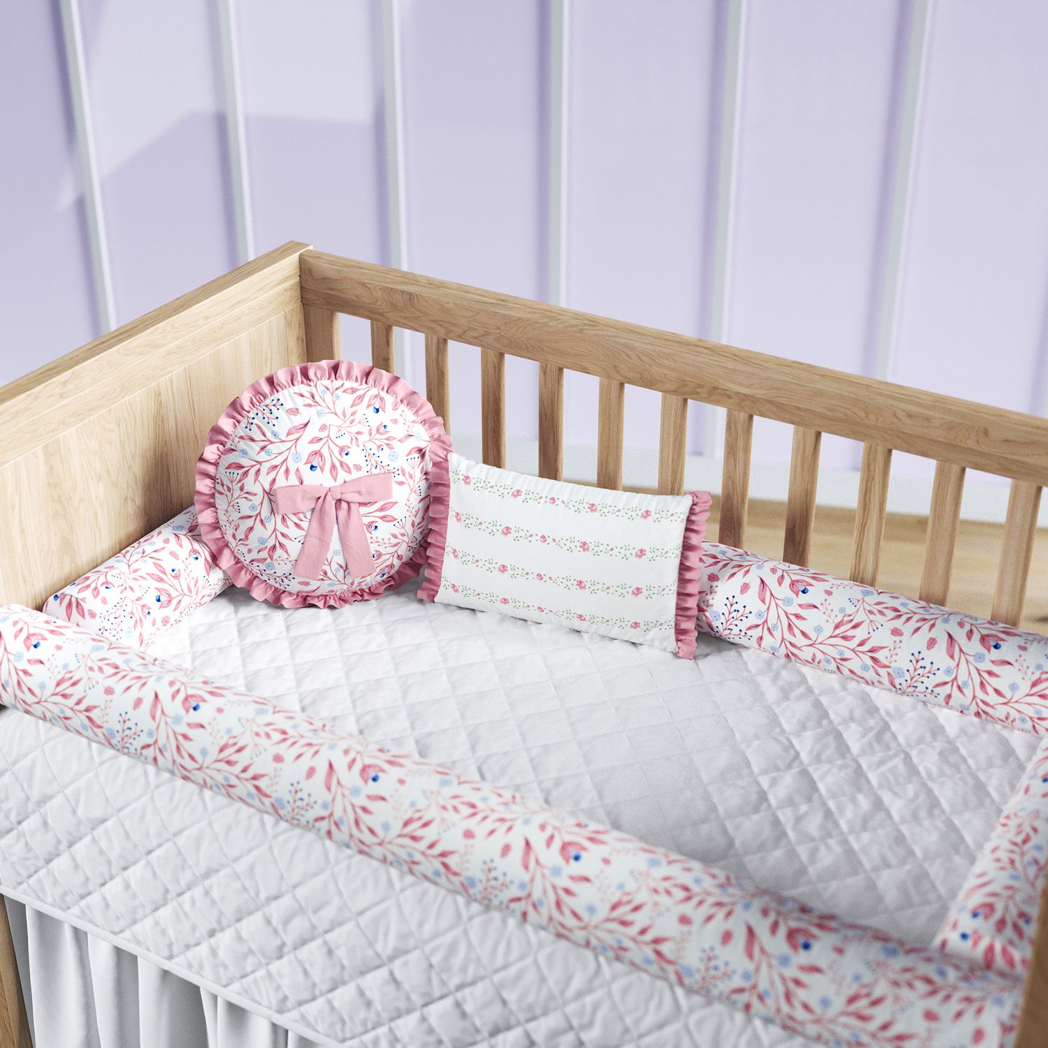 Kit Berço Rolinhos Folhas do Bosque Rosa 8 Peças