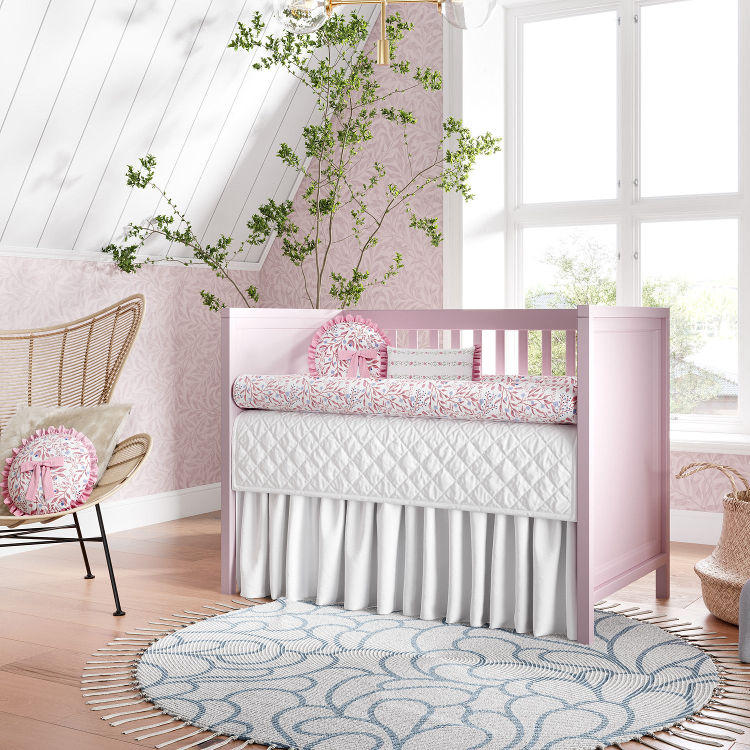 Kit Berço Rolinhos Folhas do Bosque Rosa 8 Peças