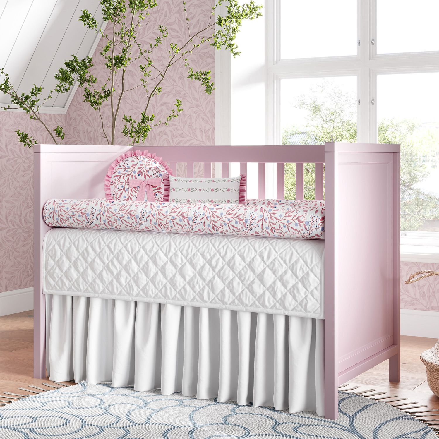 Kit Berço Rolinhos Folhas do Bosque Rosa 8 Peças
