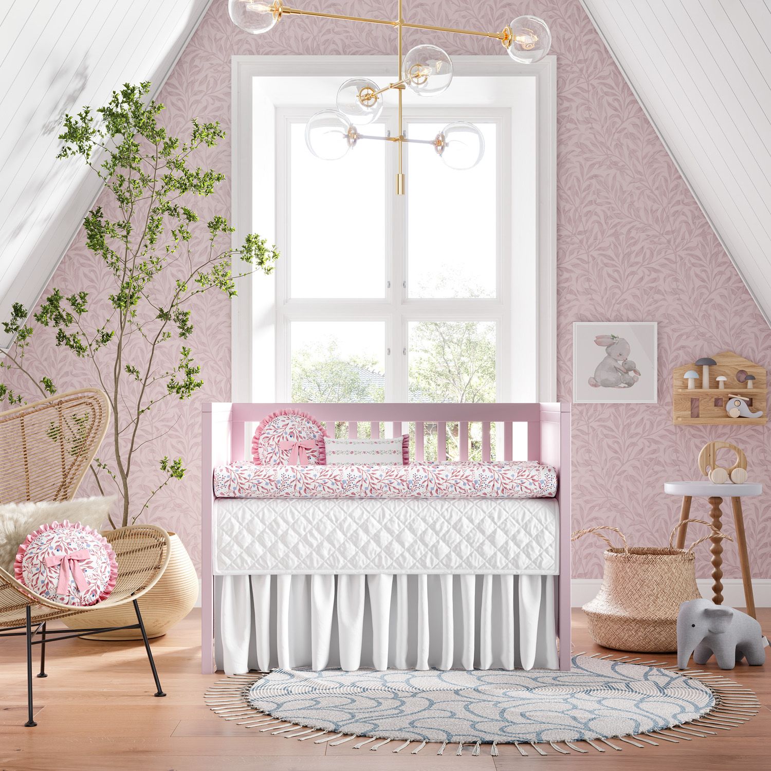 Kit Berço Rolinhos Folhas do Bosque Rosa 8 Peças