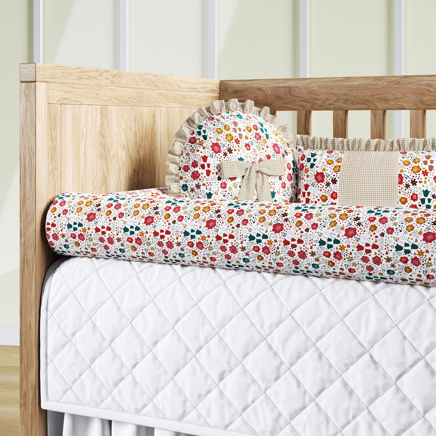 Kit Berço Rolinhos Florido Bege 8 Peças