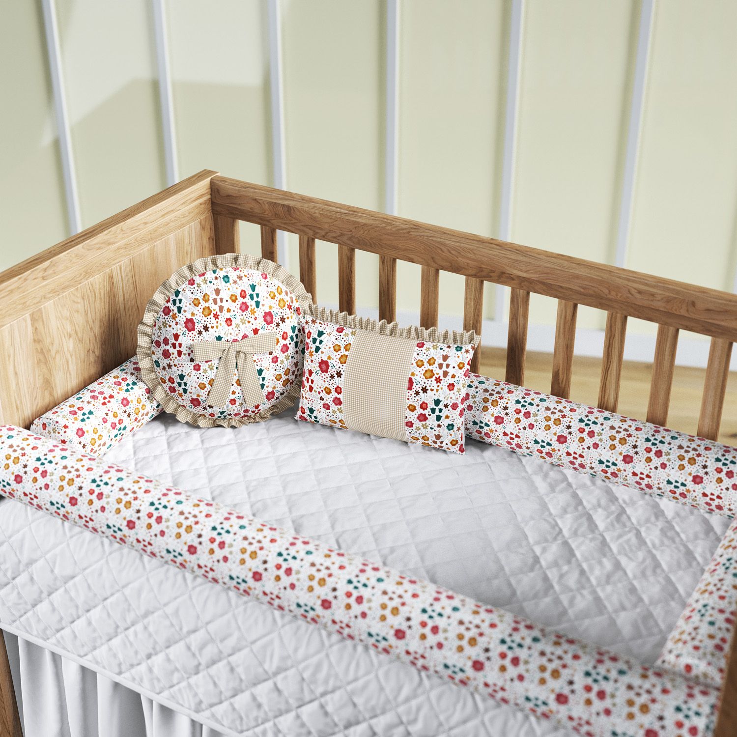 Kit Berço Rolinhos Florido Bege 8 Peças
