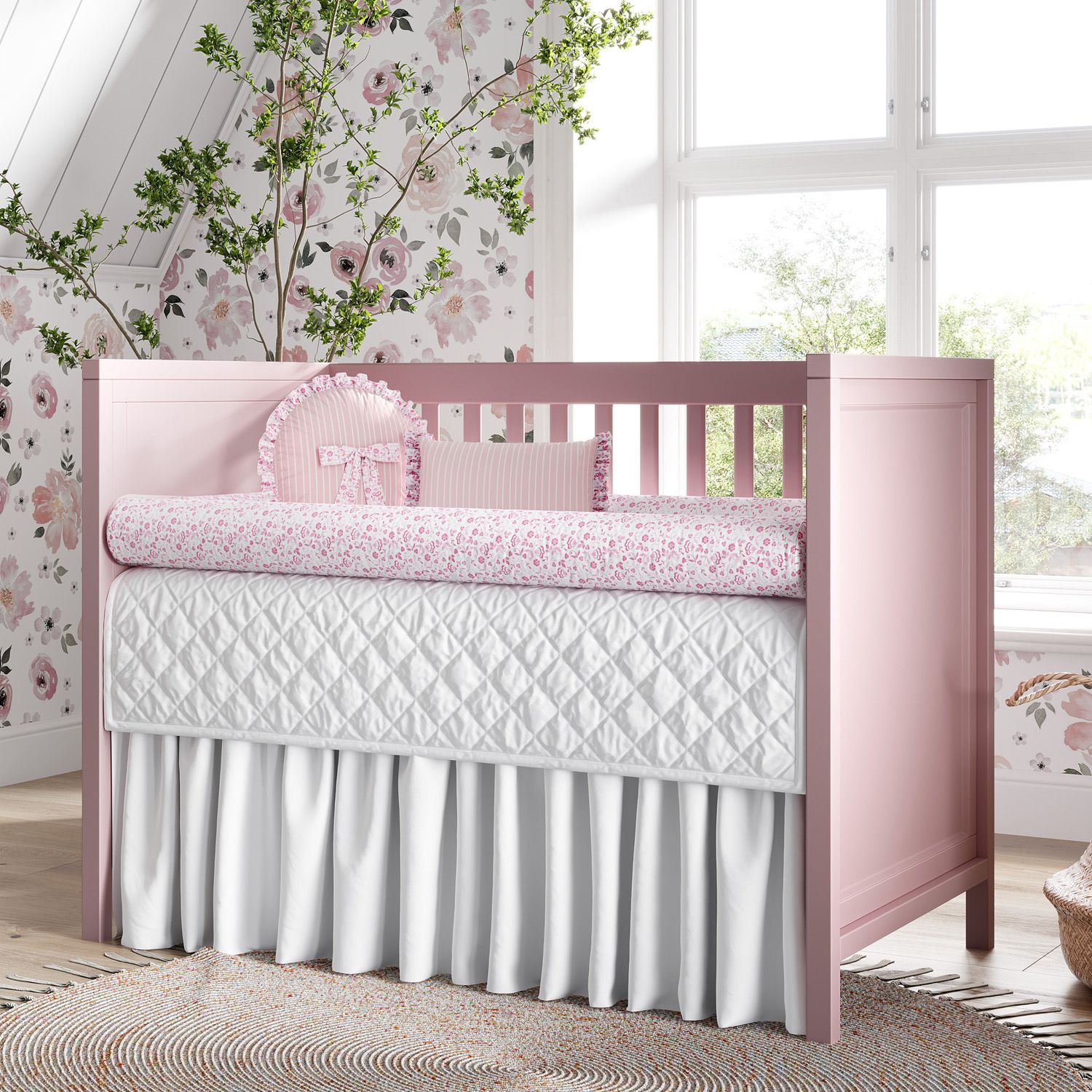 Kit Berço Rolinhos Floral Liberty Rosa 8 Peças