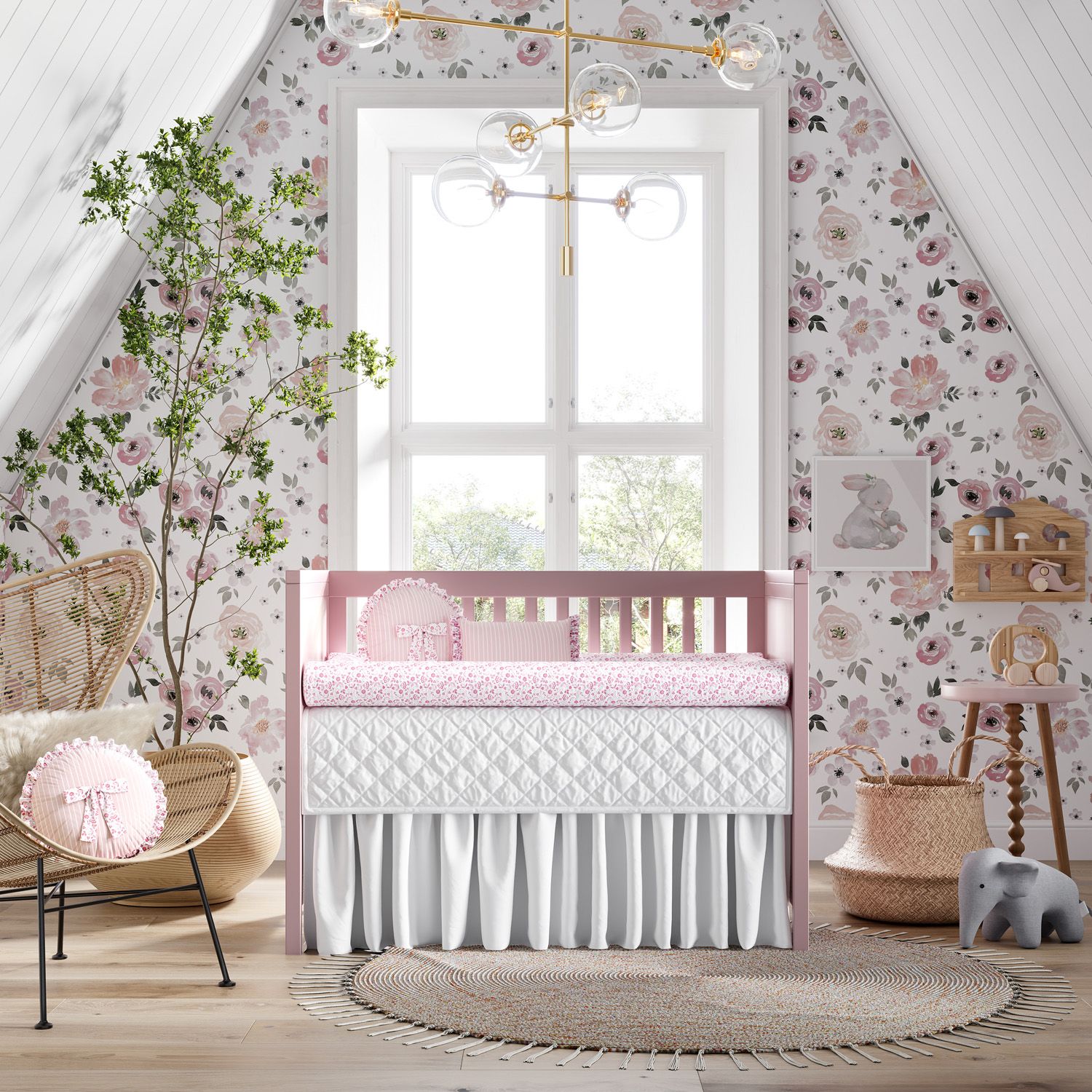 Kit Berço Rolinhos Floral Liberty Rosa 8 Peças