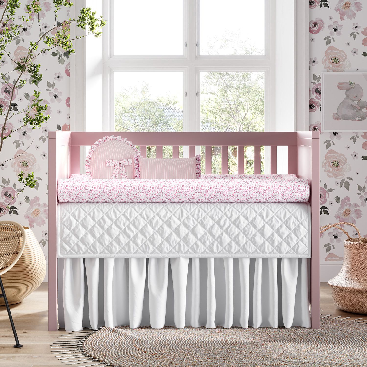 Kit Berço Rolinhos Floral Liberty Rosa 8 Peças