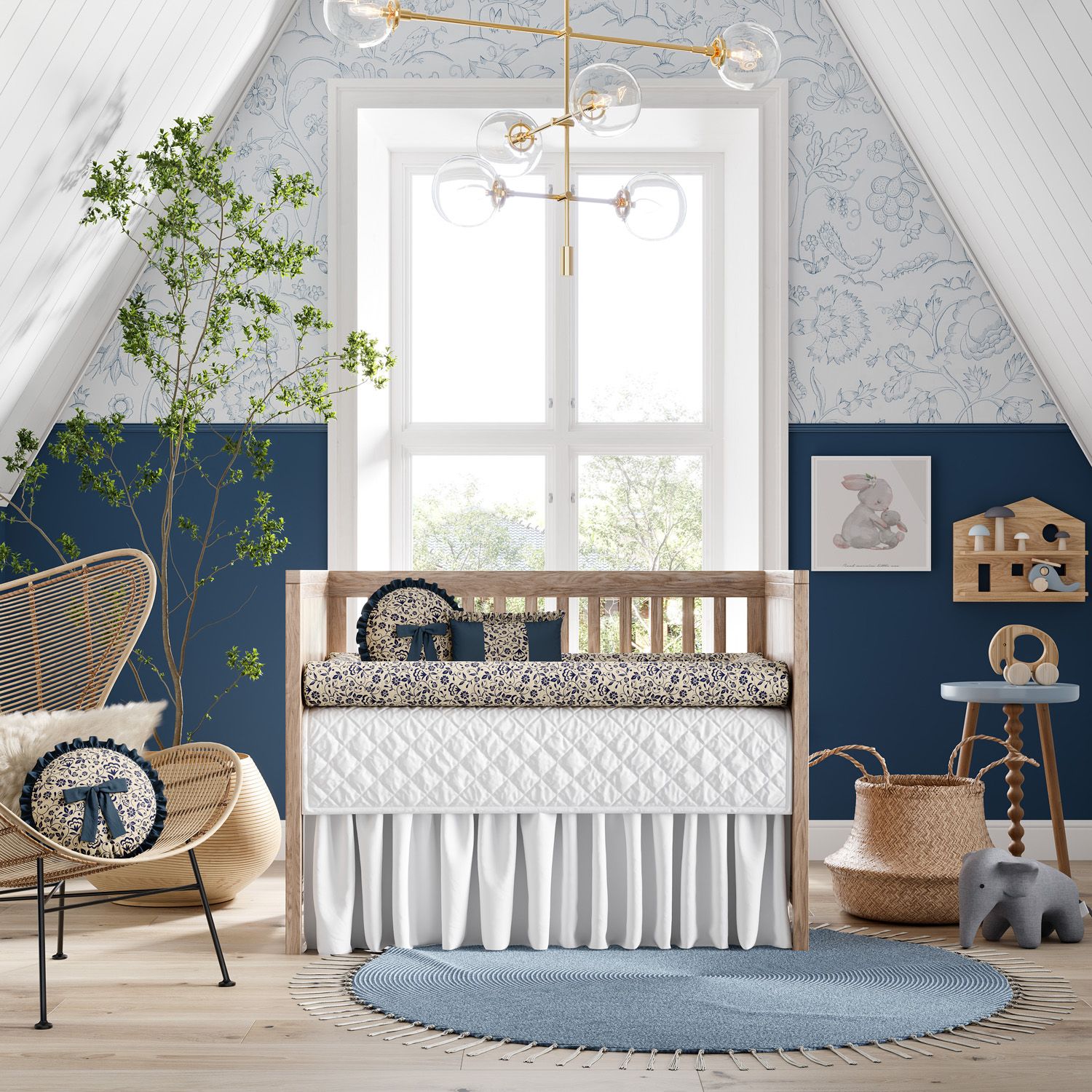 Kit Berço Rolinhos Floral Luxo Azul Marinho 8 Peças