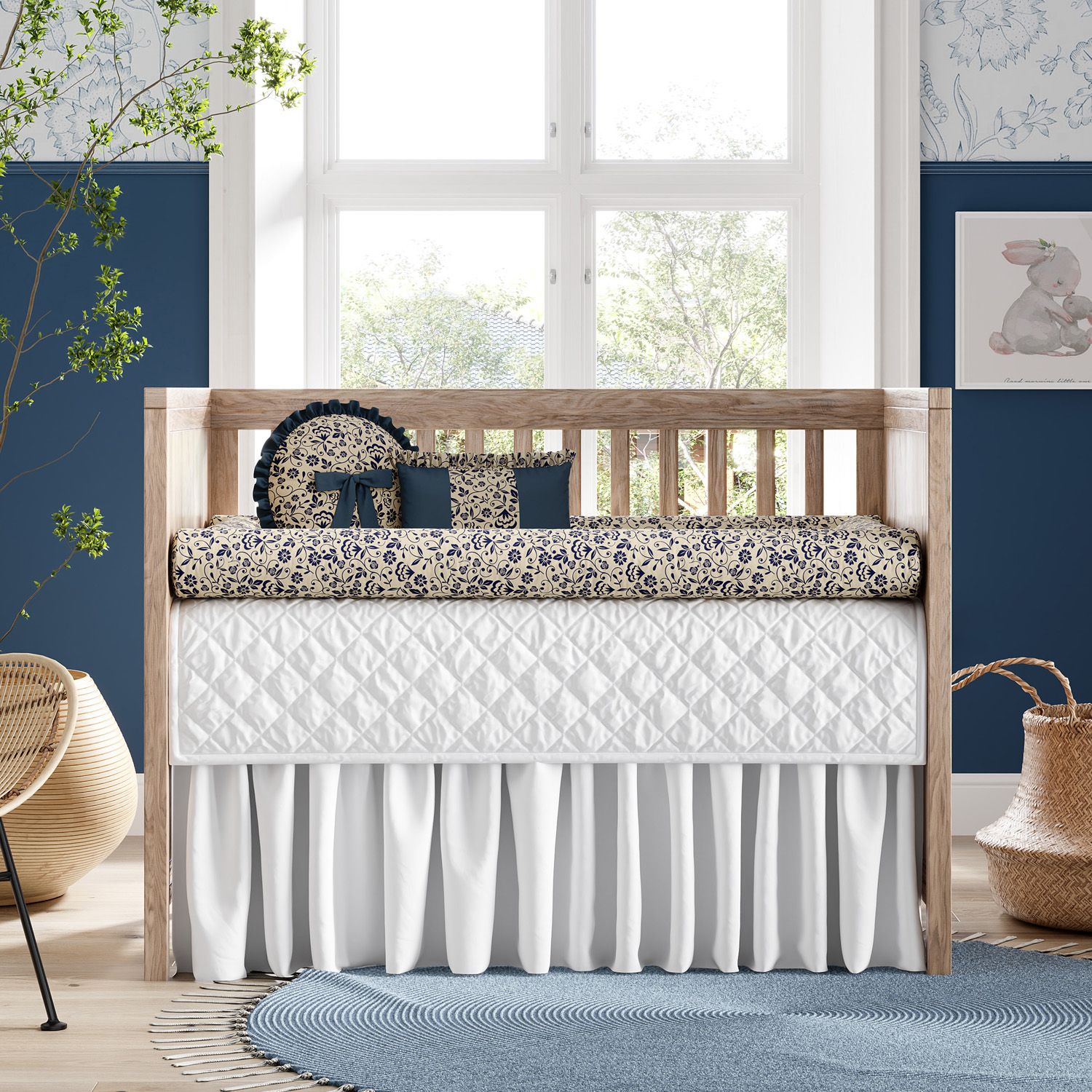 Kit Berço Rolinhos Floral Luxo Azul Marinho 8 Peças