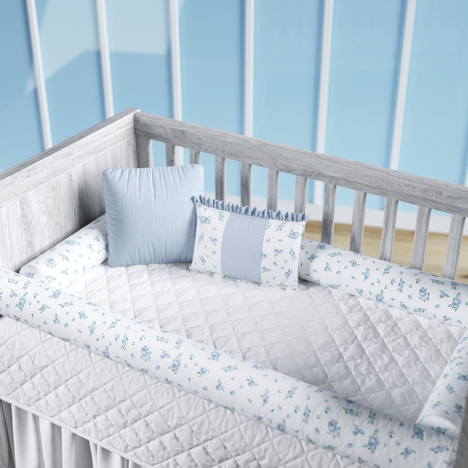 Kit Berço Rolinhos Floral Liberty Azul 8 Peças