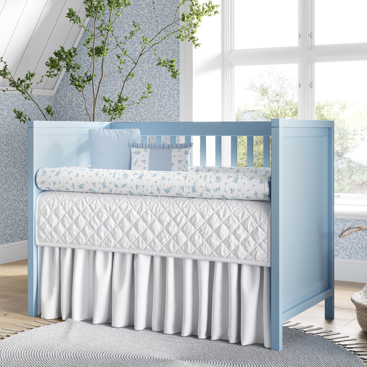 Kit Berço Rolinhos Floral Liberty Azul 8 Peças