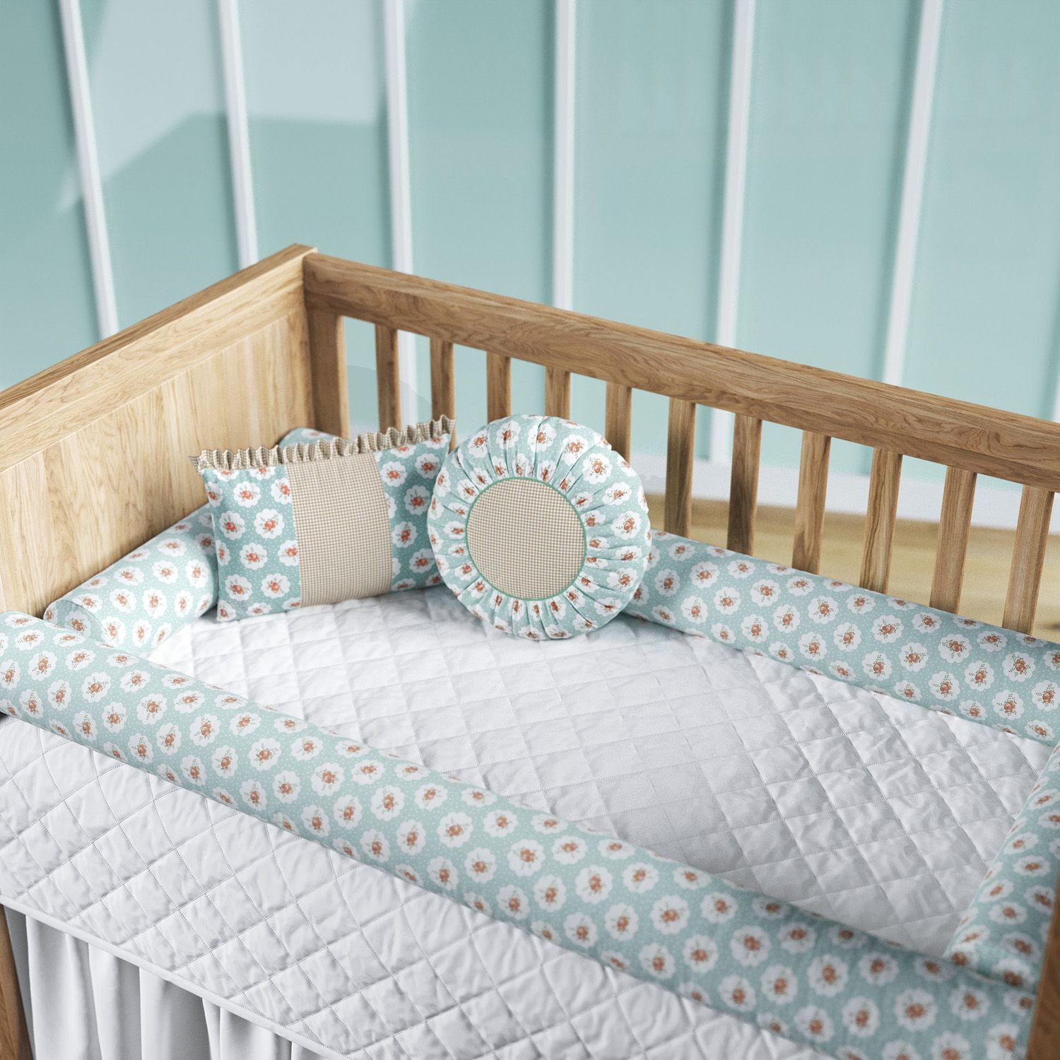 Kit Berço Rolinhos Floral Liberty Poá Verde 8 Peças