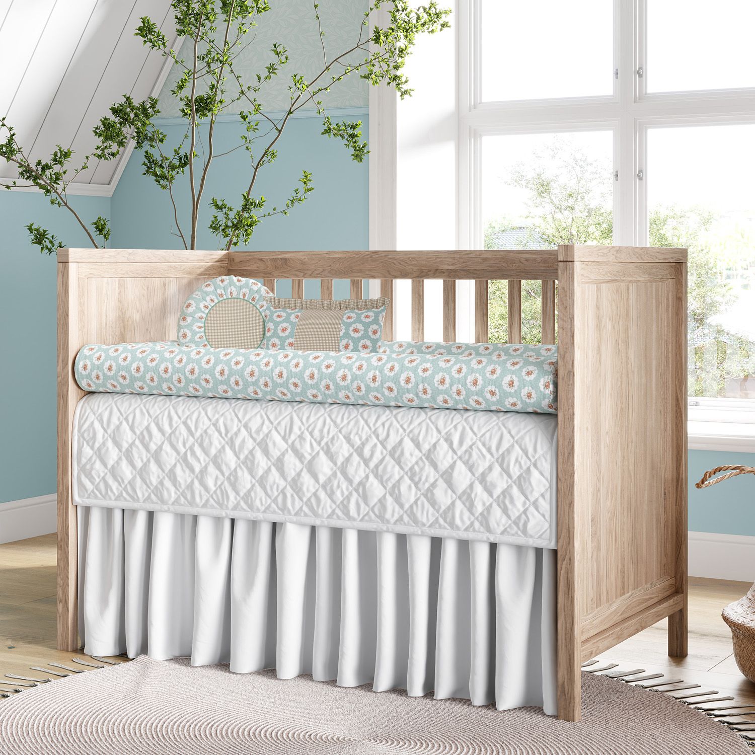 Kit Berço Rolinhos Floral Liberty Poá Verde 8 Peças