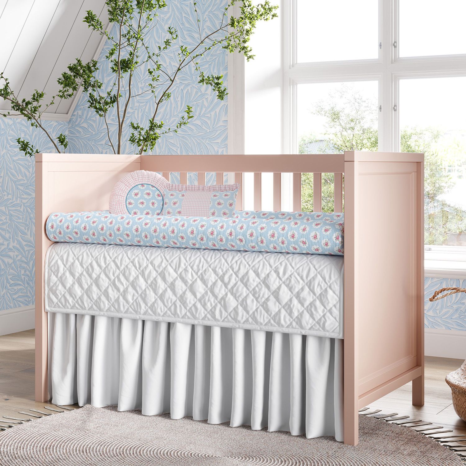 Kit Berço Rolinhos Floral Liberty Poá Azul 8 Peças