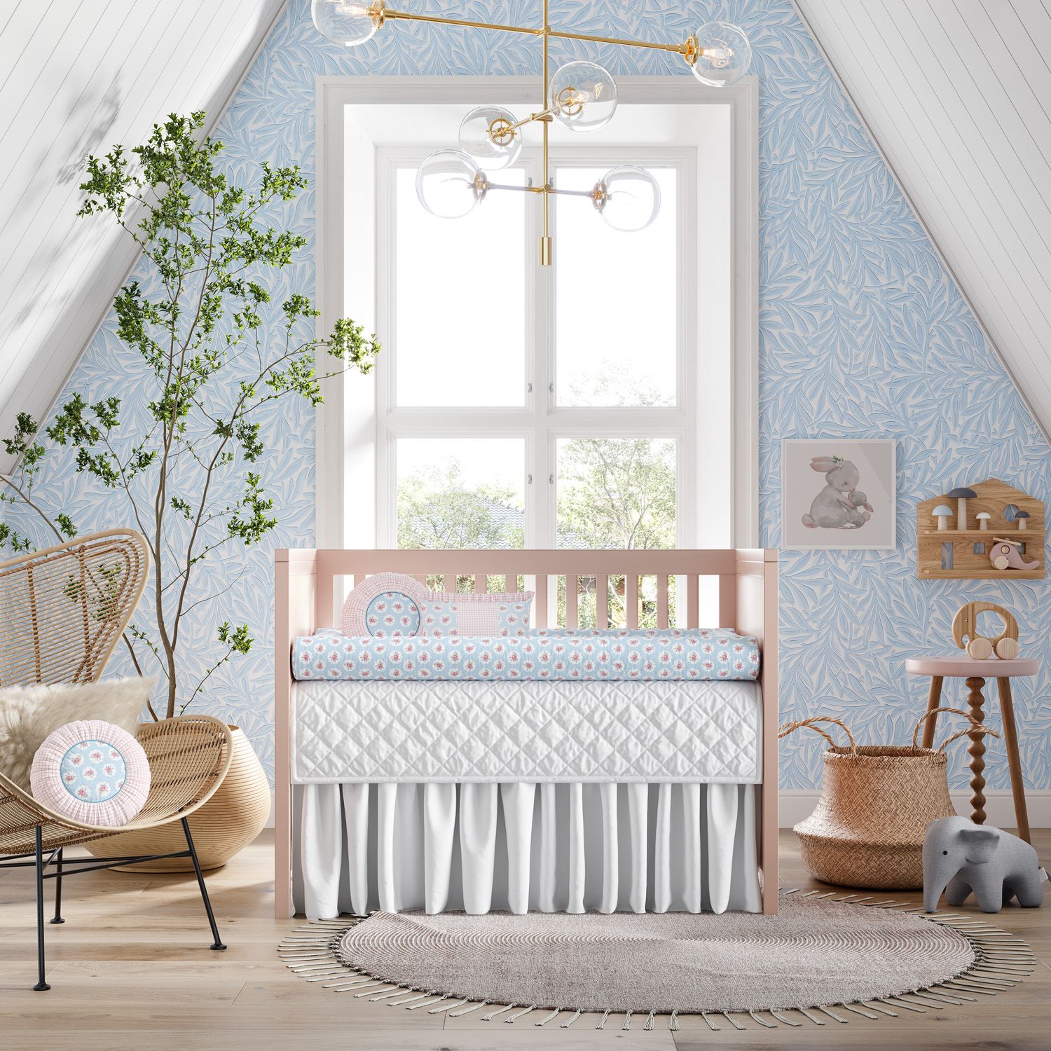 Kit Berço Rolinhos Floral Liberty Poá Azul 8 Peças