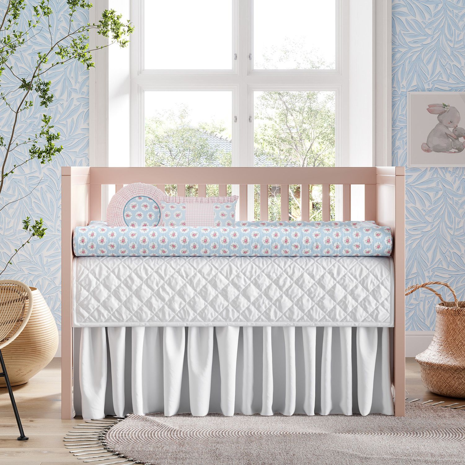 Kit Berço Rolinhos Floral Liberty Poá Azul 8 Peças