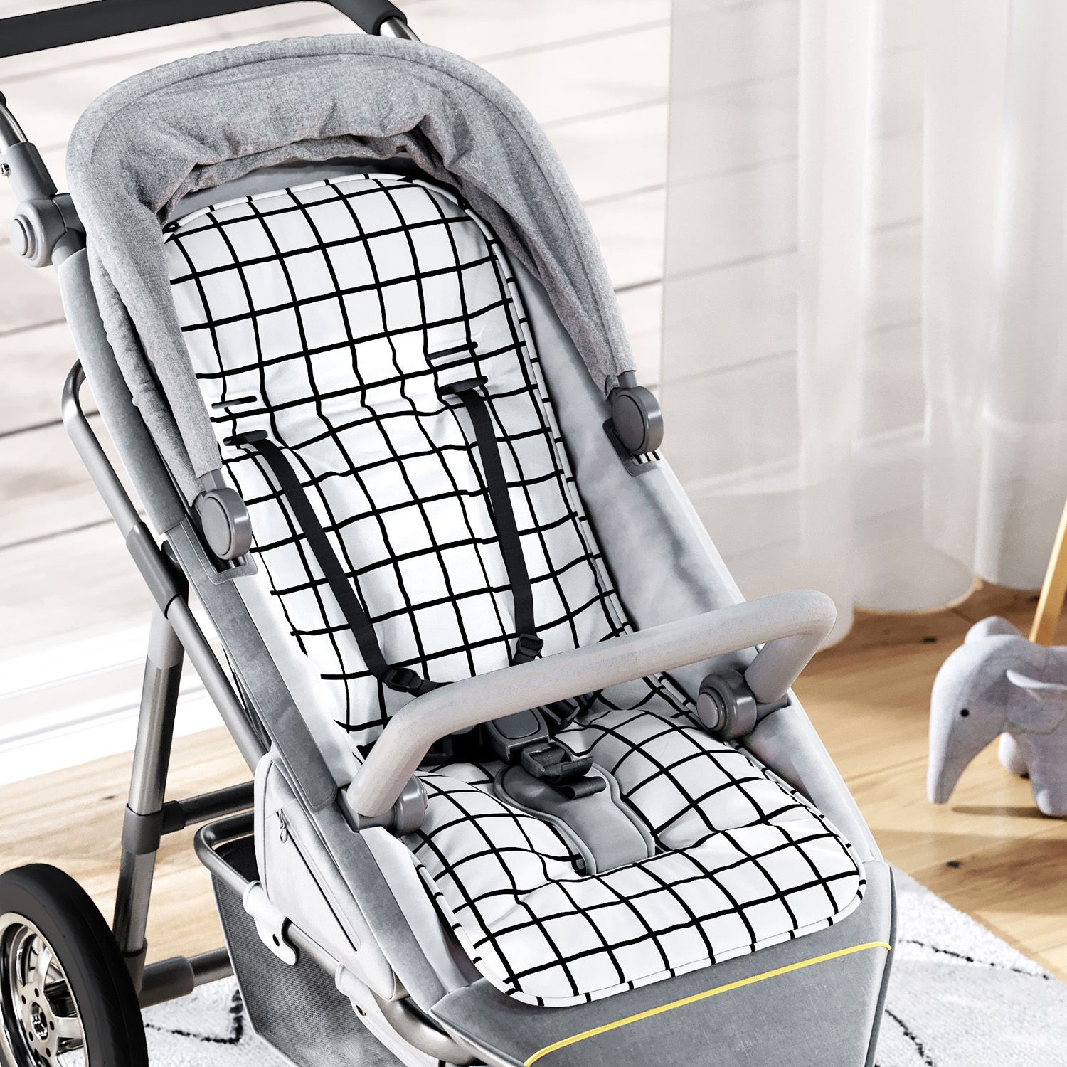 Capa de Carrinho com Protetor de Cinto Quadriculado Preto e Branco