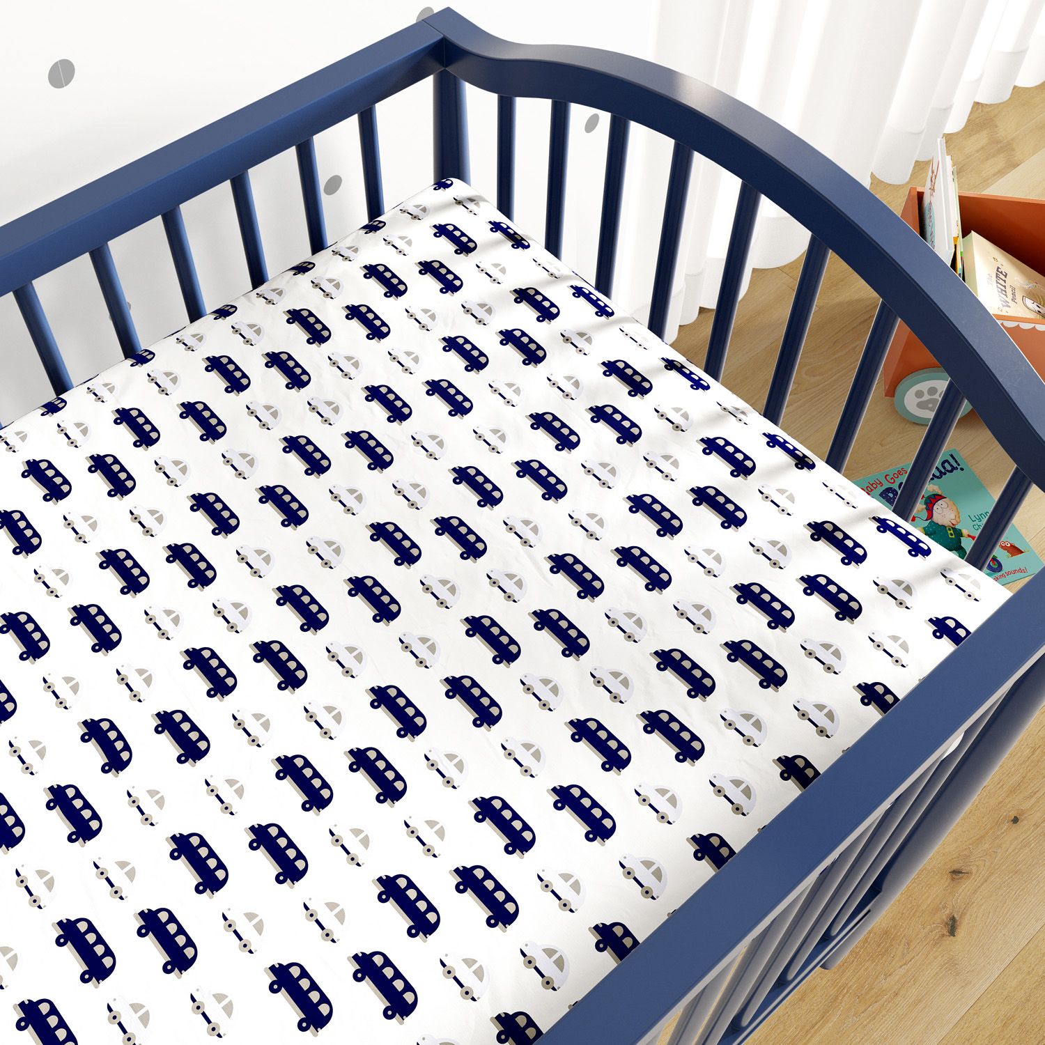 Lençol Berço com Elástico Carrinhos Azul Marinho