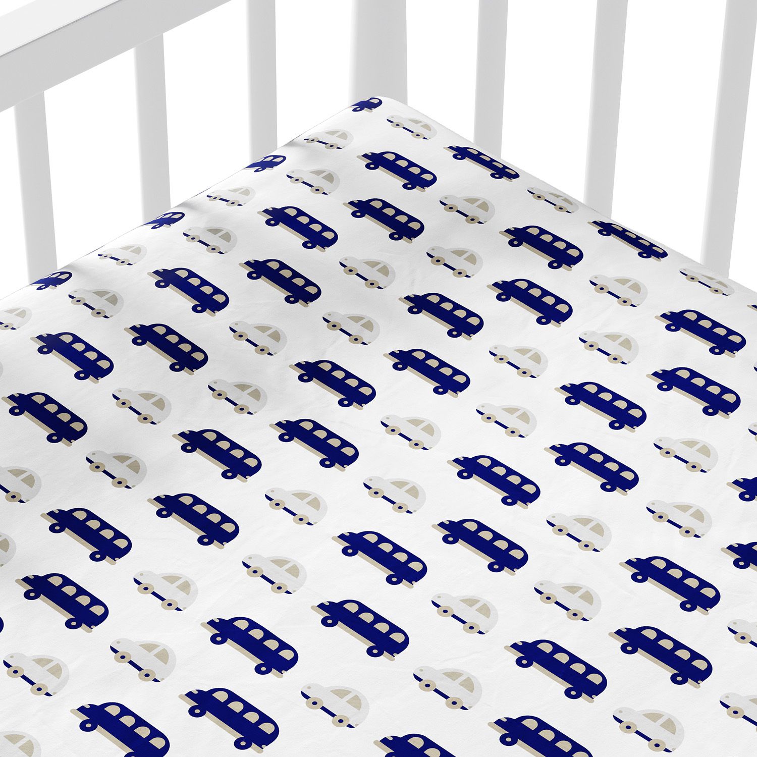 Lençol Berço com Elástico Carrinhos Azul Marinho