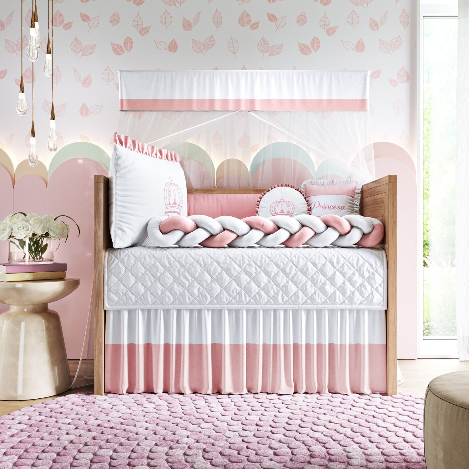 Kit Berço Trança Menina Princesa Rosa