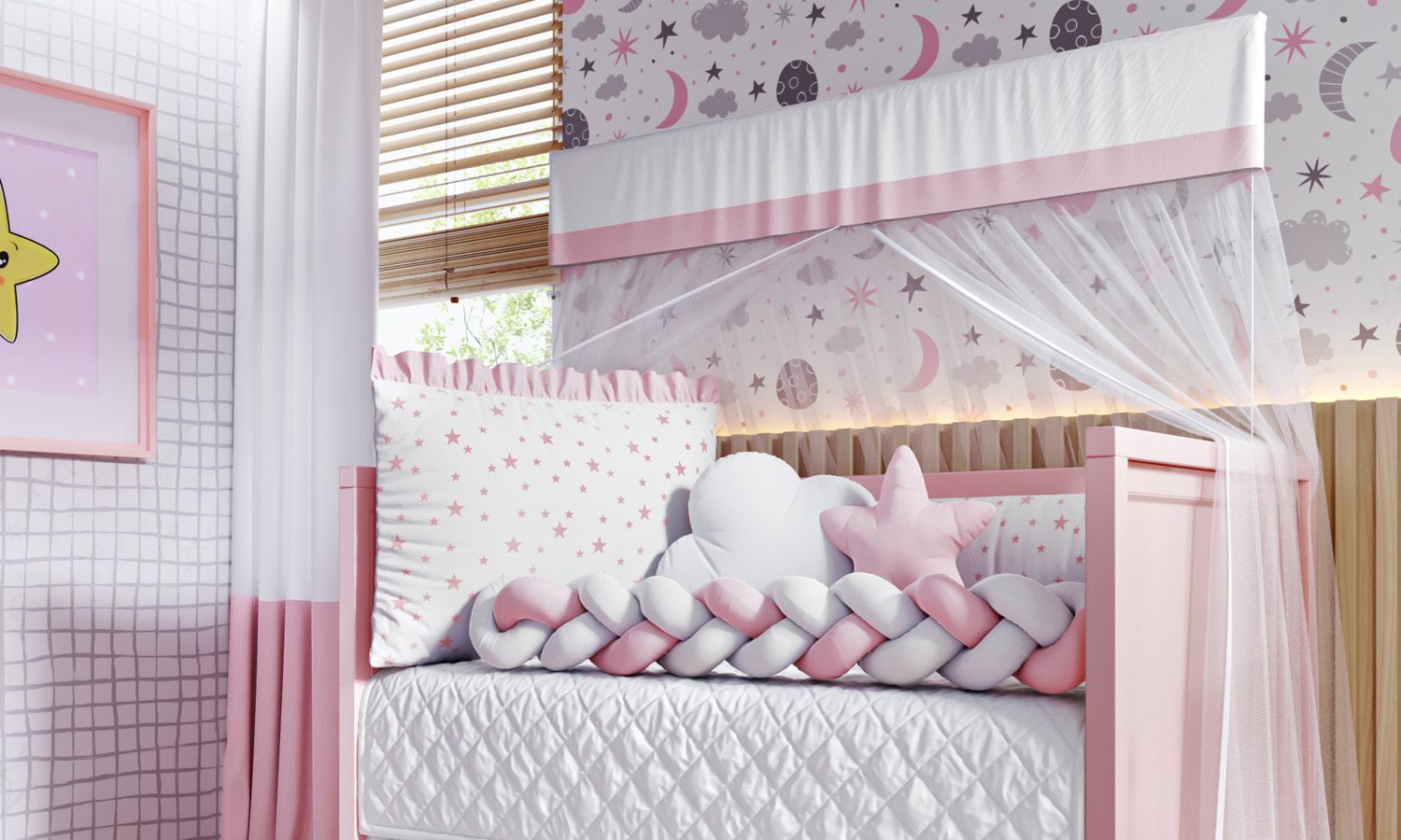 Kit Berço Trança Estrelinha Rosa