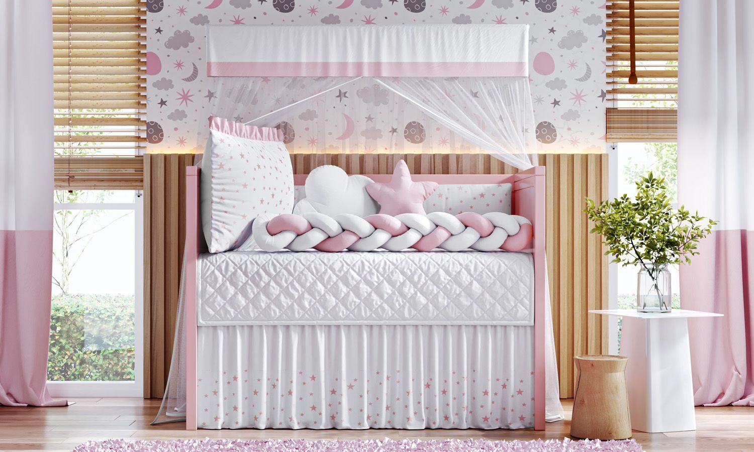 Kit Berço Trança Estrelinha Rosa