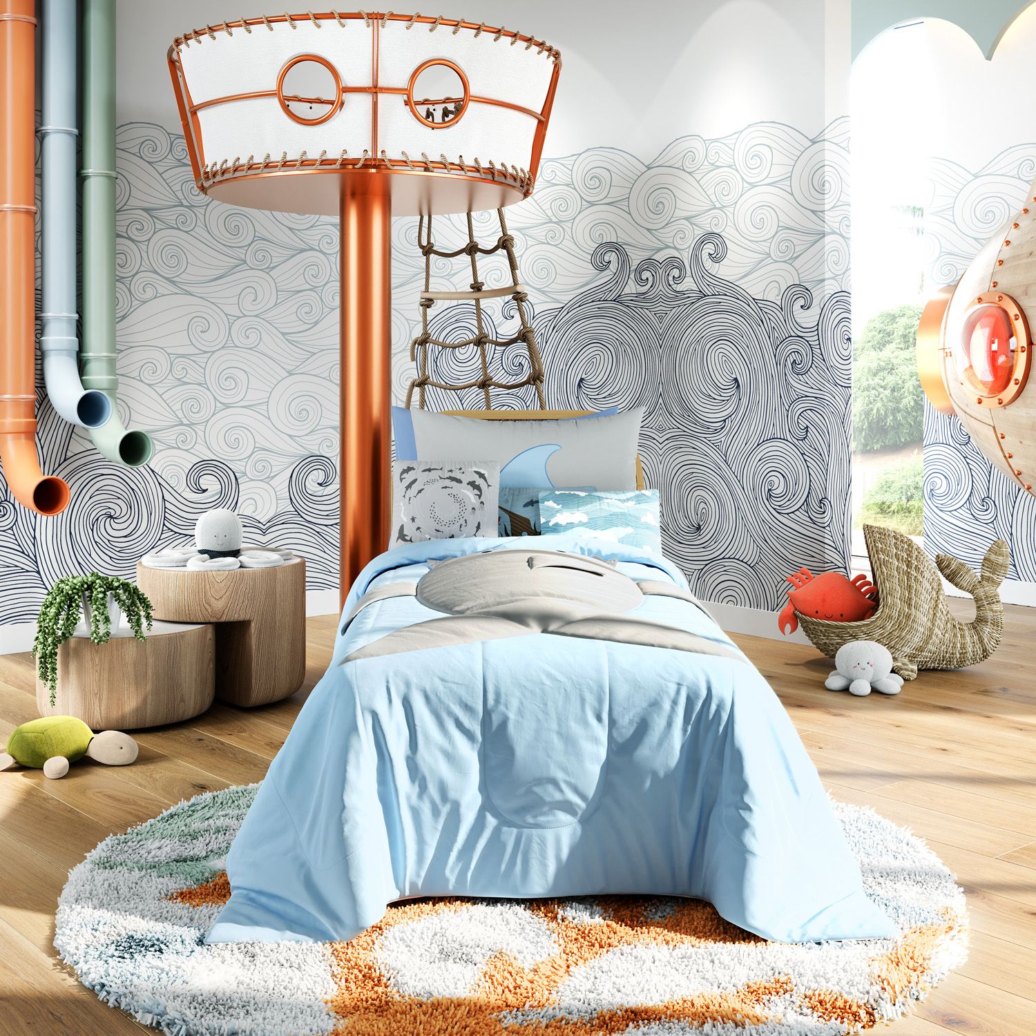 Edredom Infantil Solteiro Tubarão Fundo do Mar