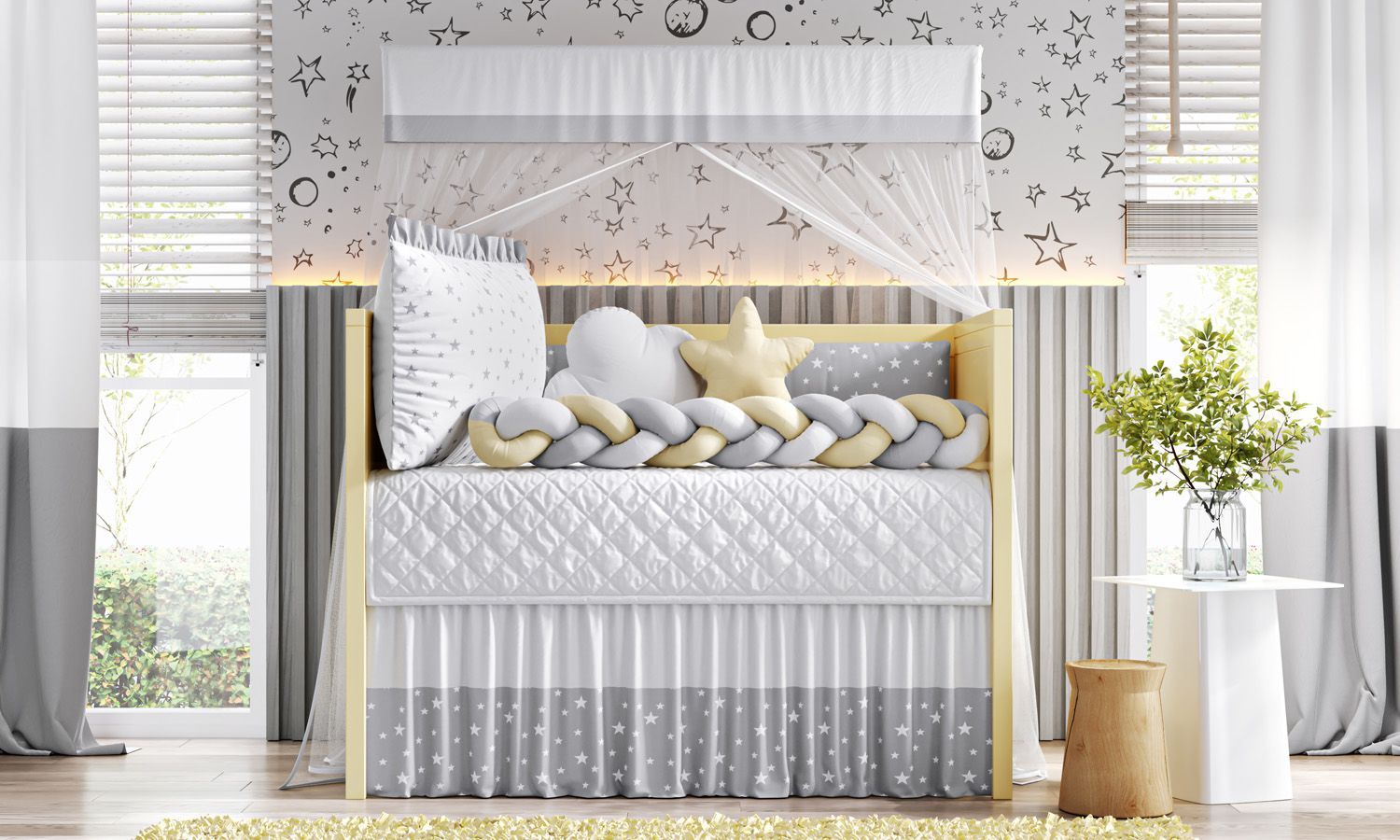 Kit Berço Trança Estrelinha Rosa