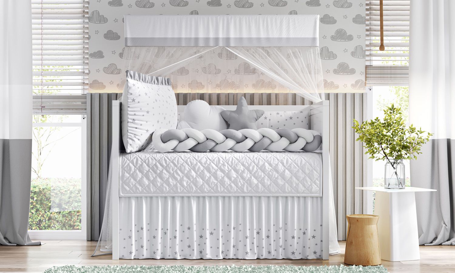 Kit Berço Trança Estrelinha Rosa