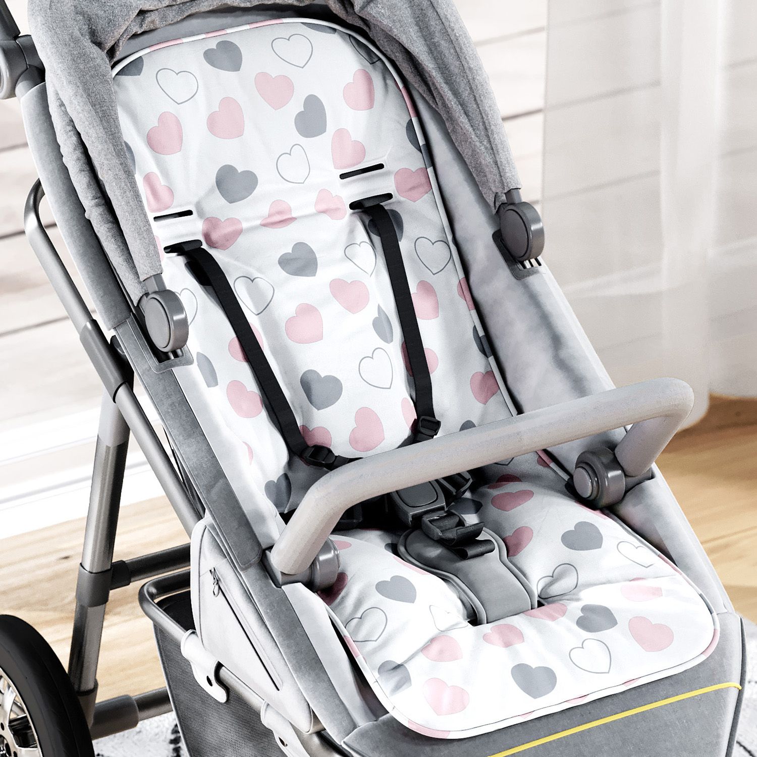 Capa de Carrinho com Protetor de Cinto Coração Rosa e Cinza