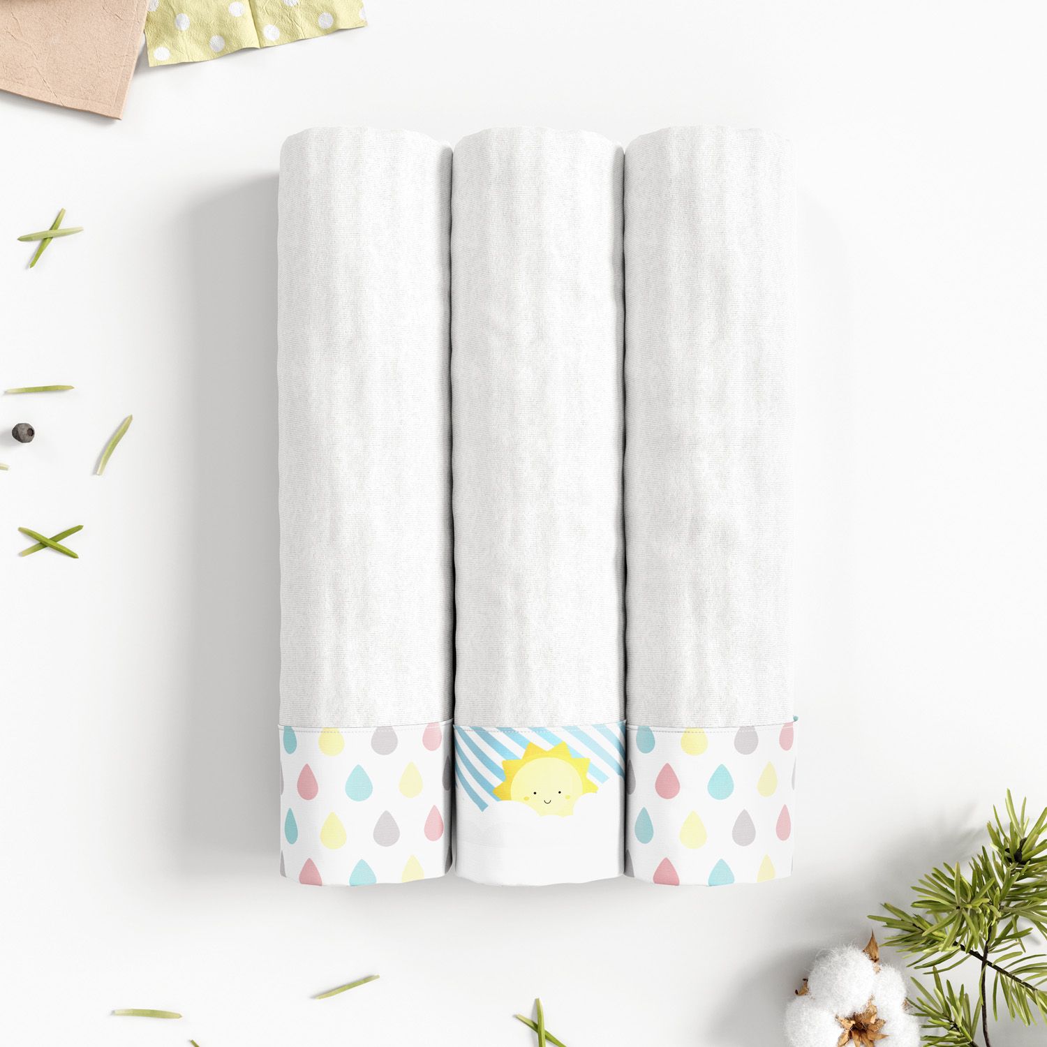 Jogo de Fraldas Ombro com Barra Gotas do Céu e Sol Amarelo