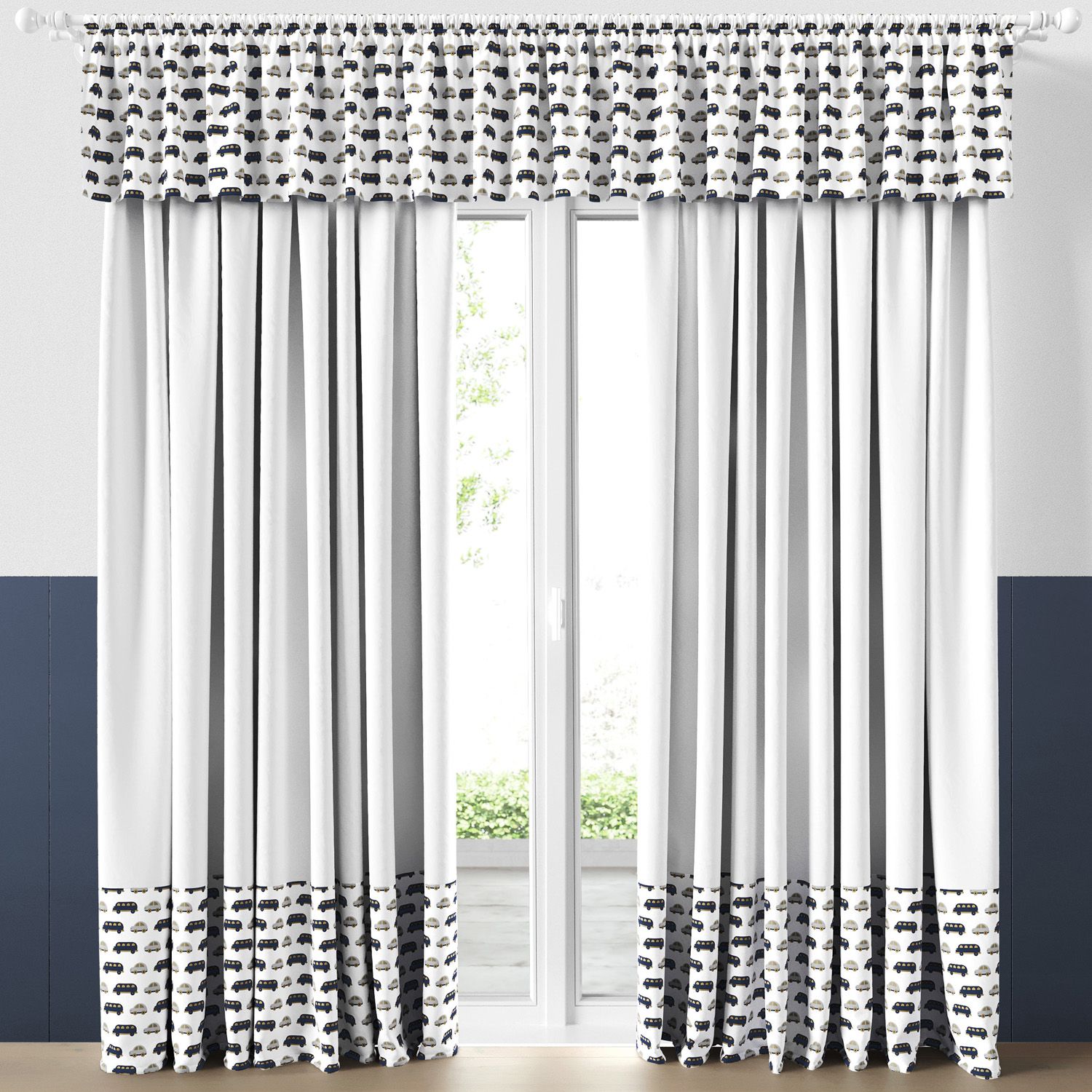 Cortina Infantil e Bebê Carrinhos Azul e Bege