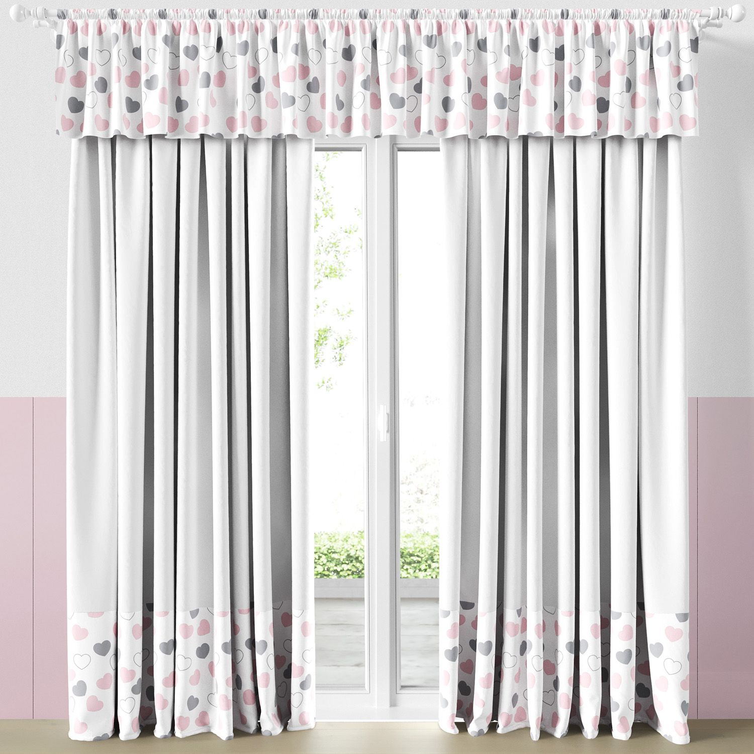Cortina Infantil e Bebê Corações Rosa e Cinza