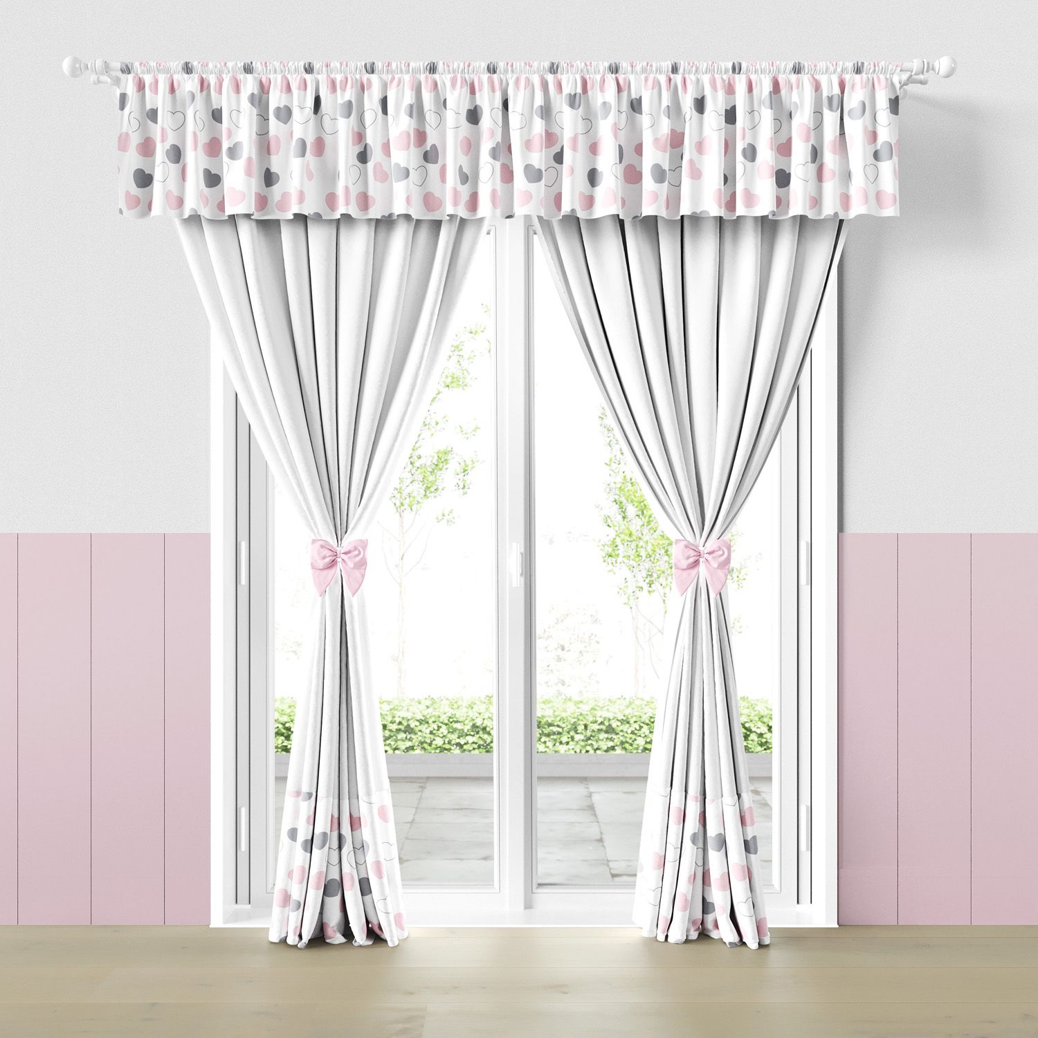 Cortina Infantil e Bebê Corações Rosa e Cinza
