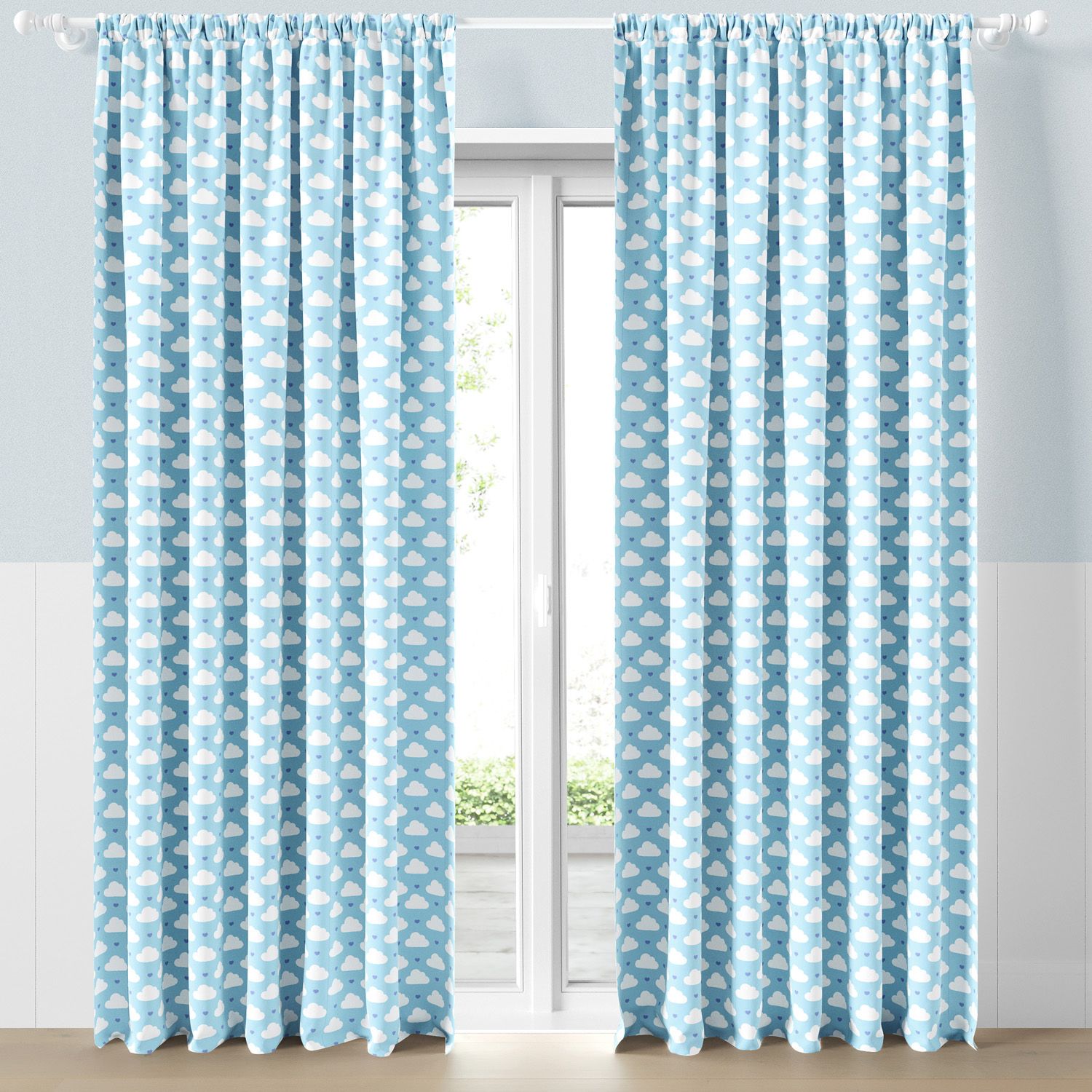 Cortina Infantil e Bebê Nuvens e Corações Azul 2,30m