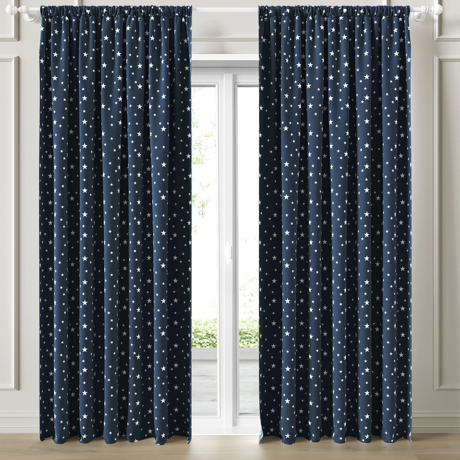 Cortina Infantil e Bebê Estrelinhas Branco e Azul Marinho