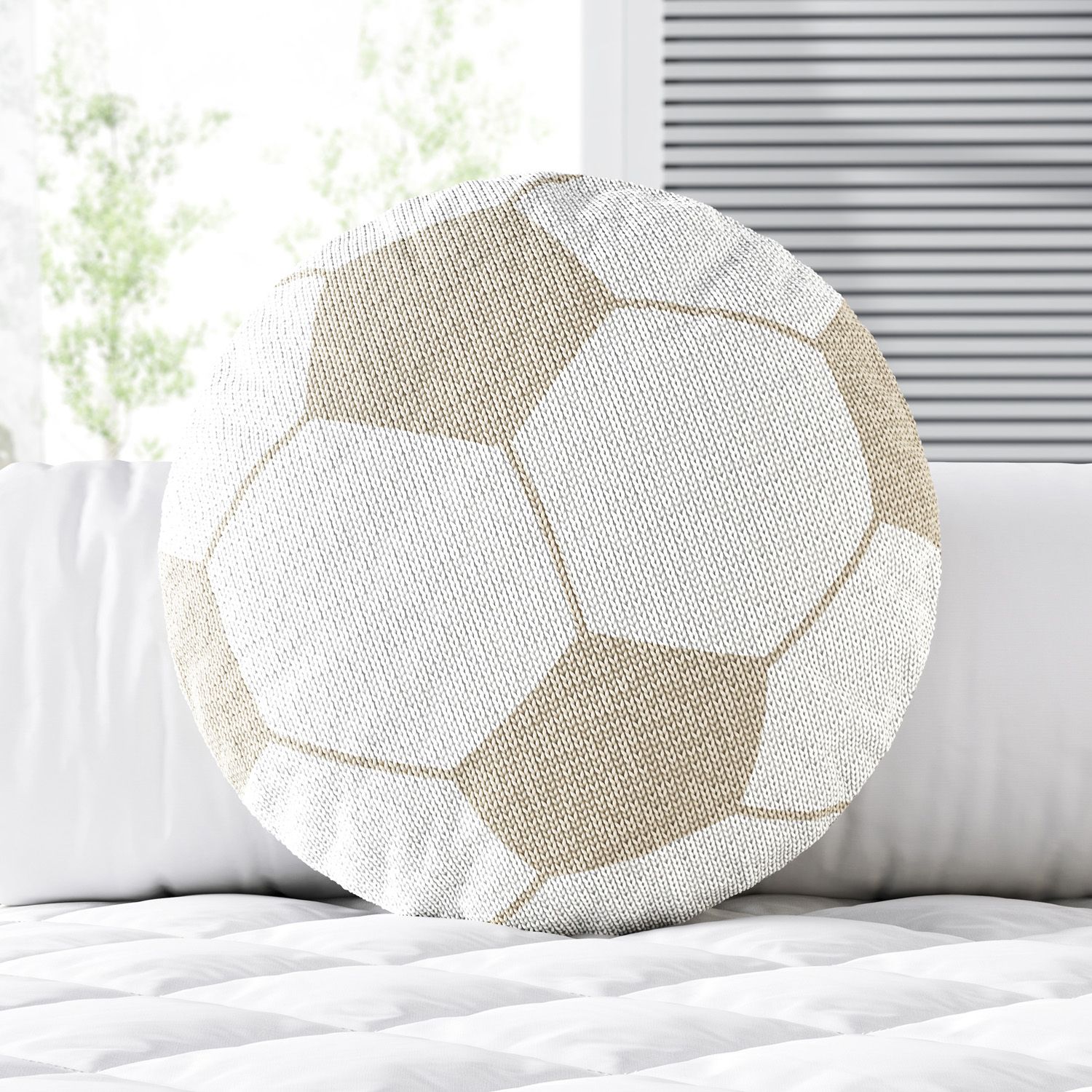 Almofada Redonda Tricot Bola de Futebol Bege