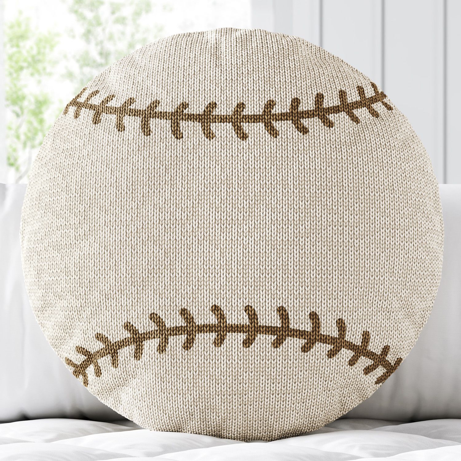 Almofada Redonda Tricot Bola de Beisebol Bege