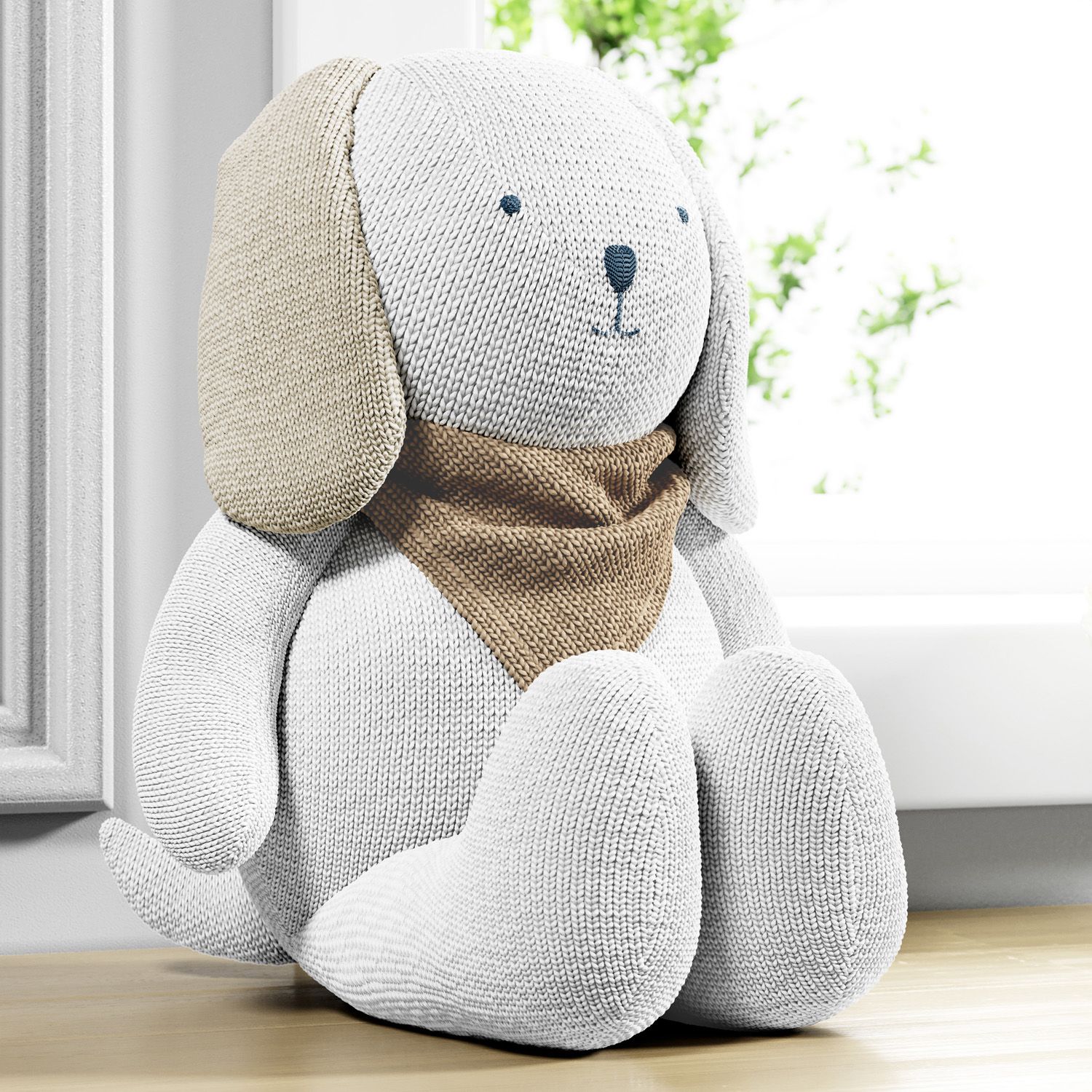 Cachorrinho Tricot Branco com Lenço Lilás 42cm