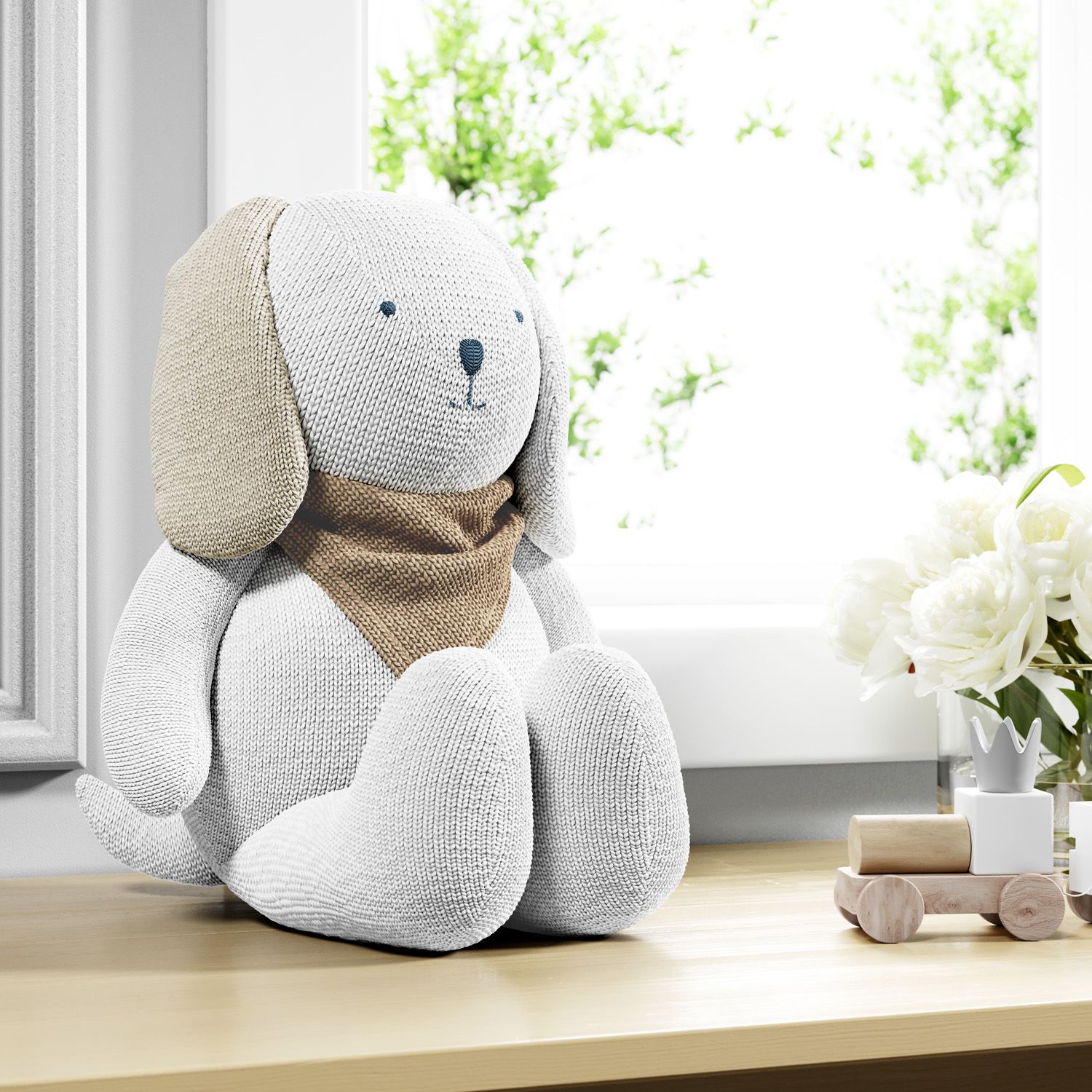 Cachorrinho Tricot Branco com Lenço Lilás 42cm