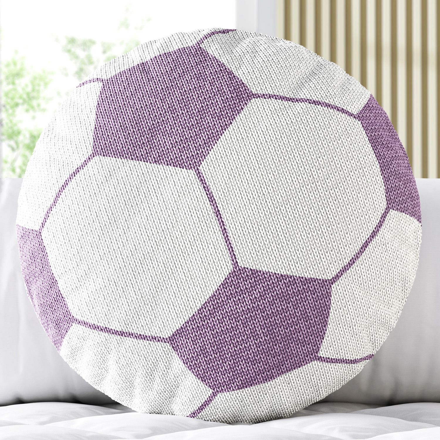 Almofada Redonda Tricot Bola de Futebol Lilás
