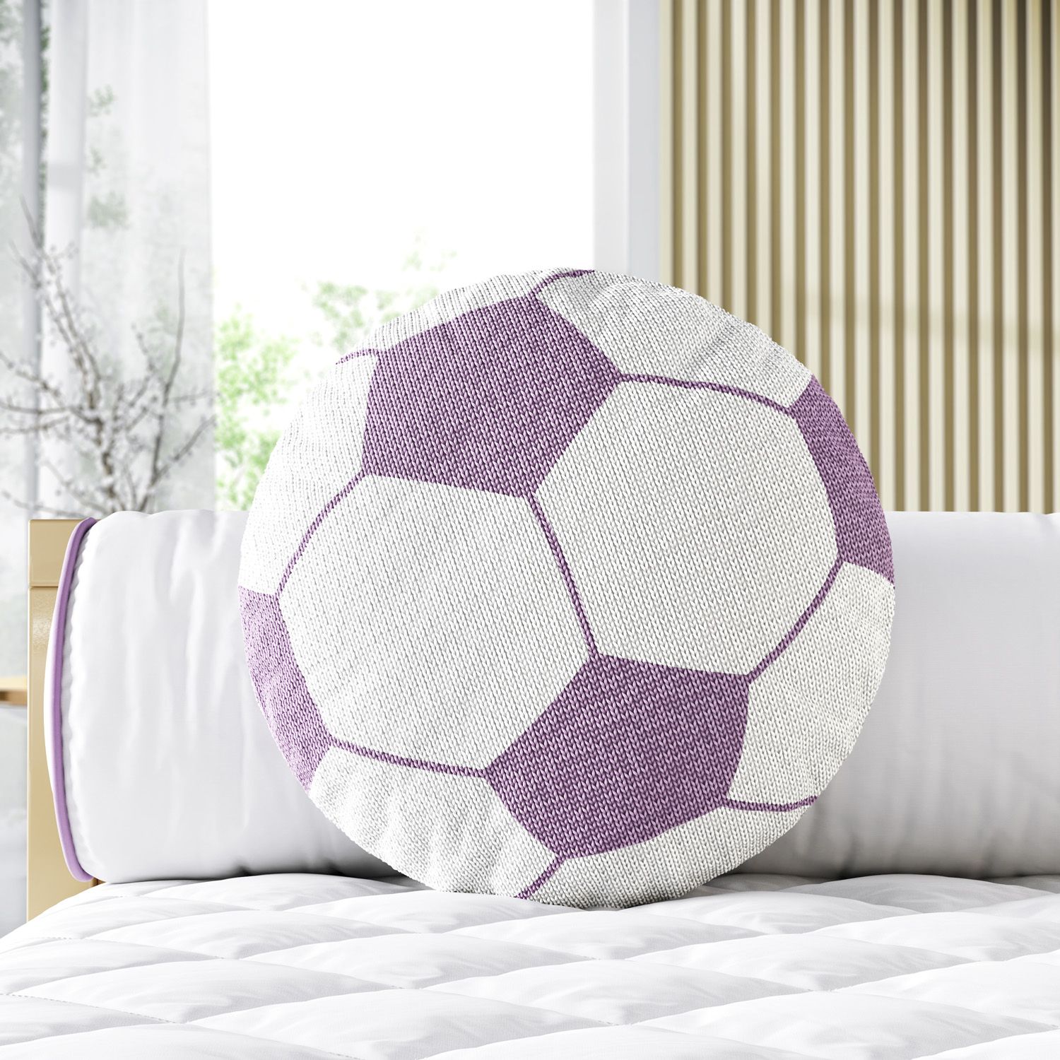 Almofada Redonda Tricot Bola de Futebol Lilás