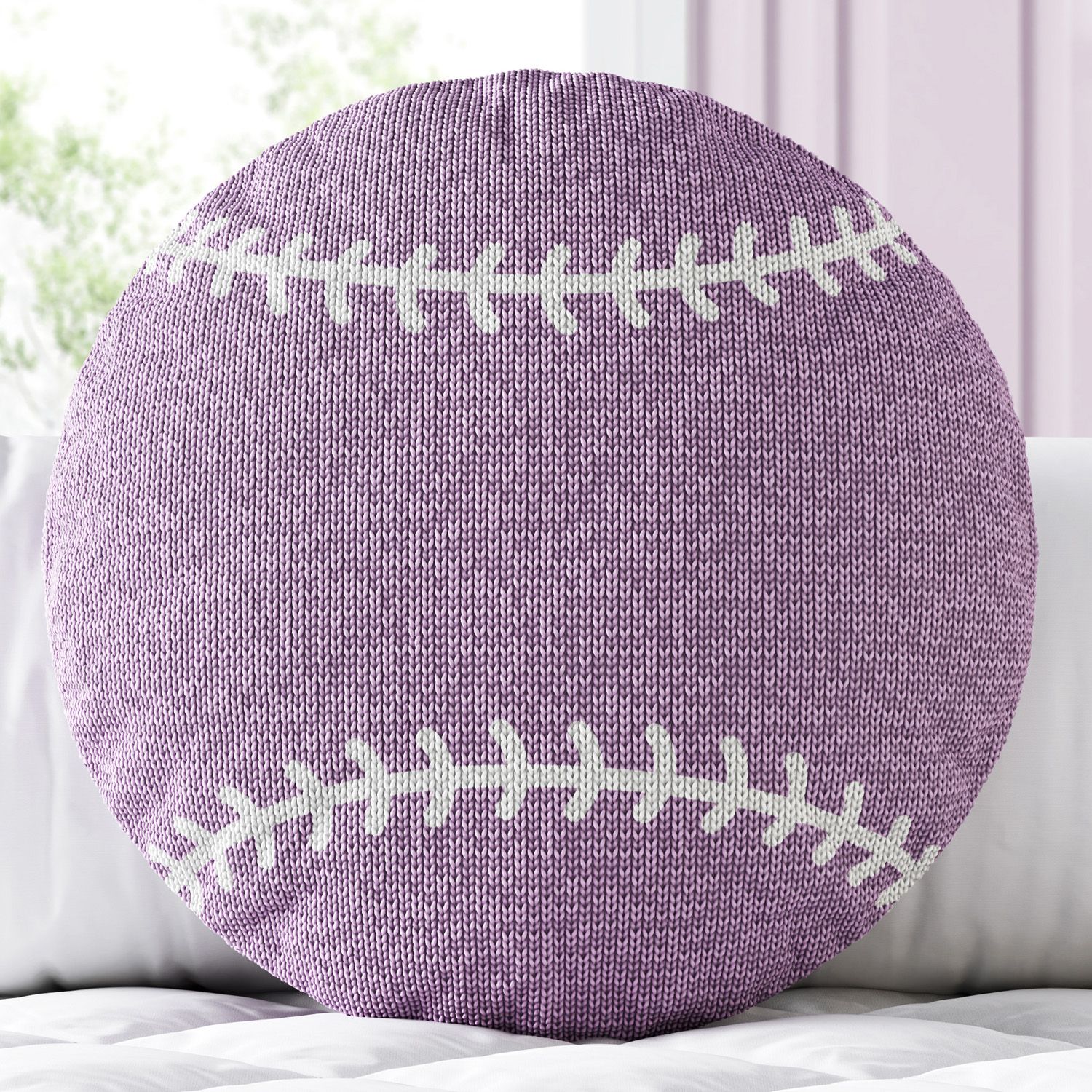 Almofada Redonda Tricot Bola de Beisebol Lilás