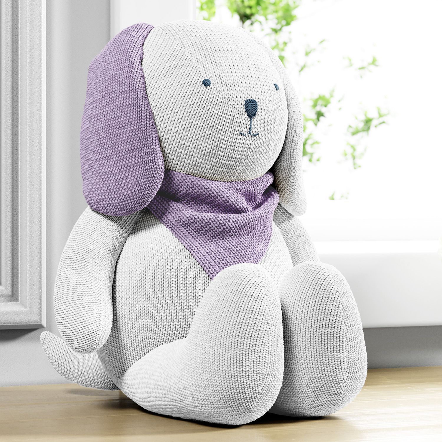 Cachorrinho Tricot Branco com Lenço Lilás 42cm