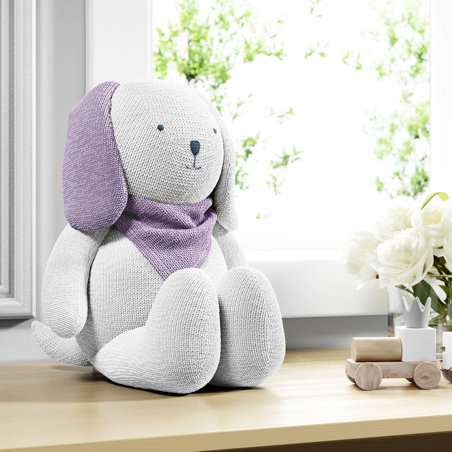 Cachorrinho Tricot Branco com Lenço Lilás 42cm