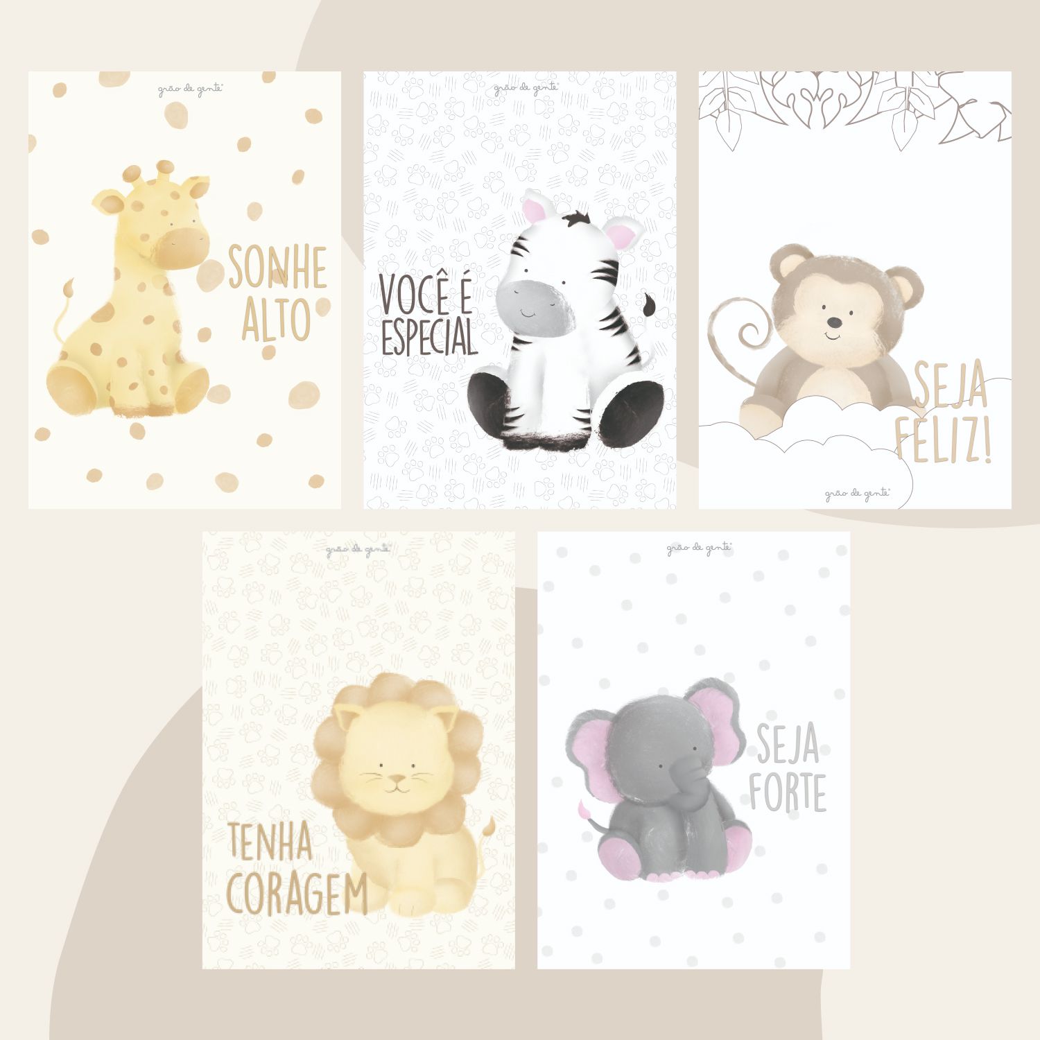 Kit Pôster Adesivo Safári Aquarela 5 Peças