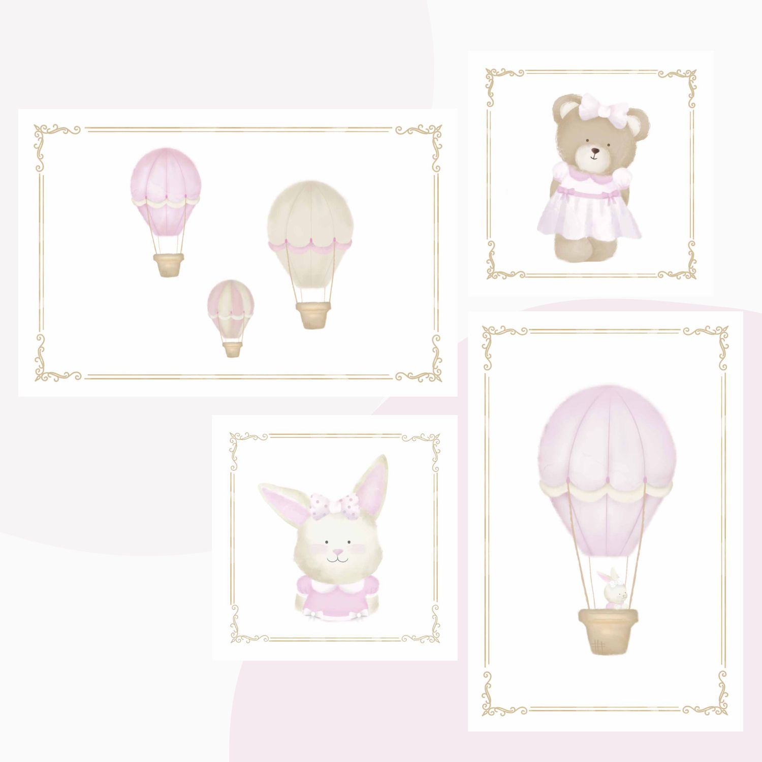 Kit Pôster Adesivo Balões Ursinha Rosa 4 peças