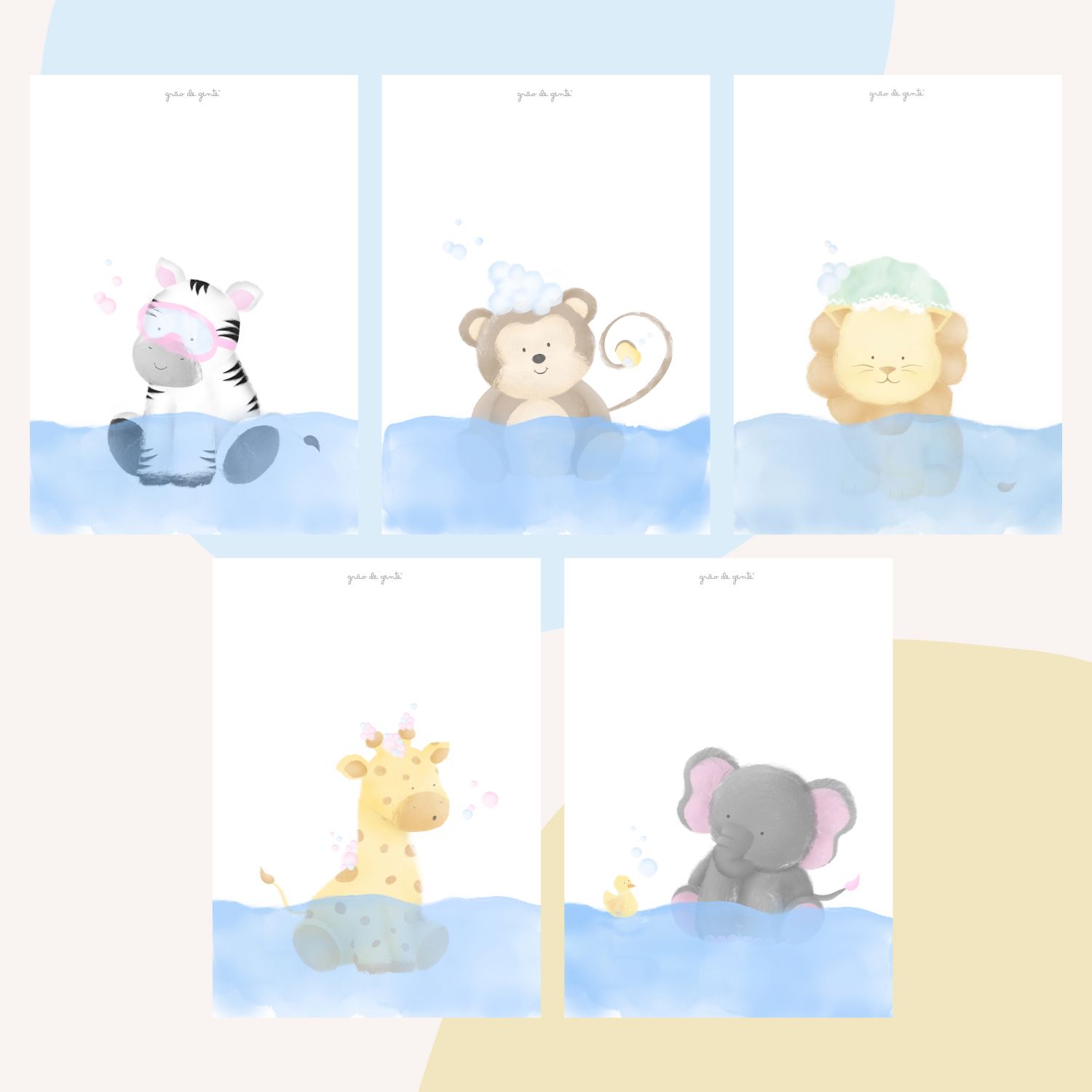 Kit Pôster Adesivo Amiguinhos Safári no Banho 5 peças