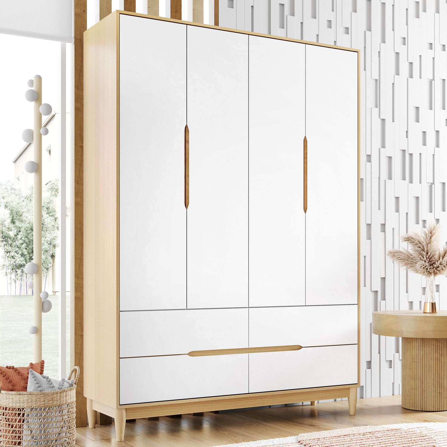 Guarda Roupa Infantil Branco e Madeira 4 Portas Tomi